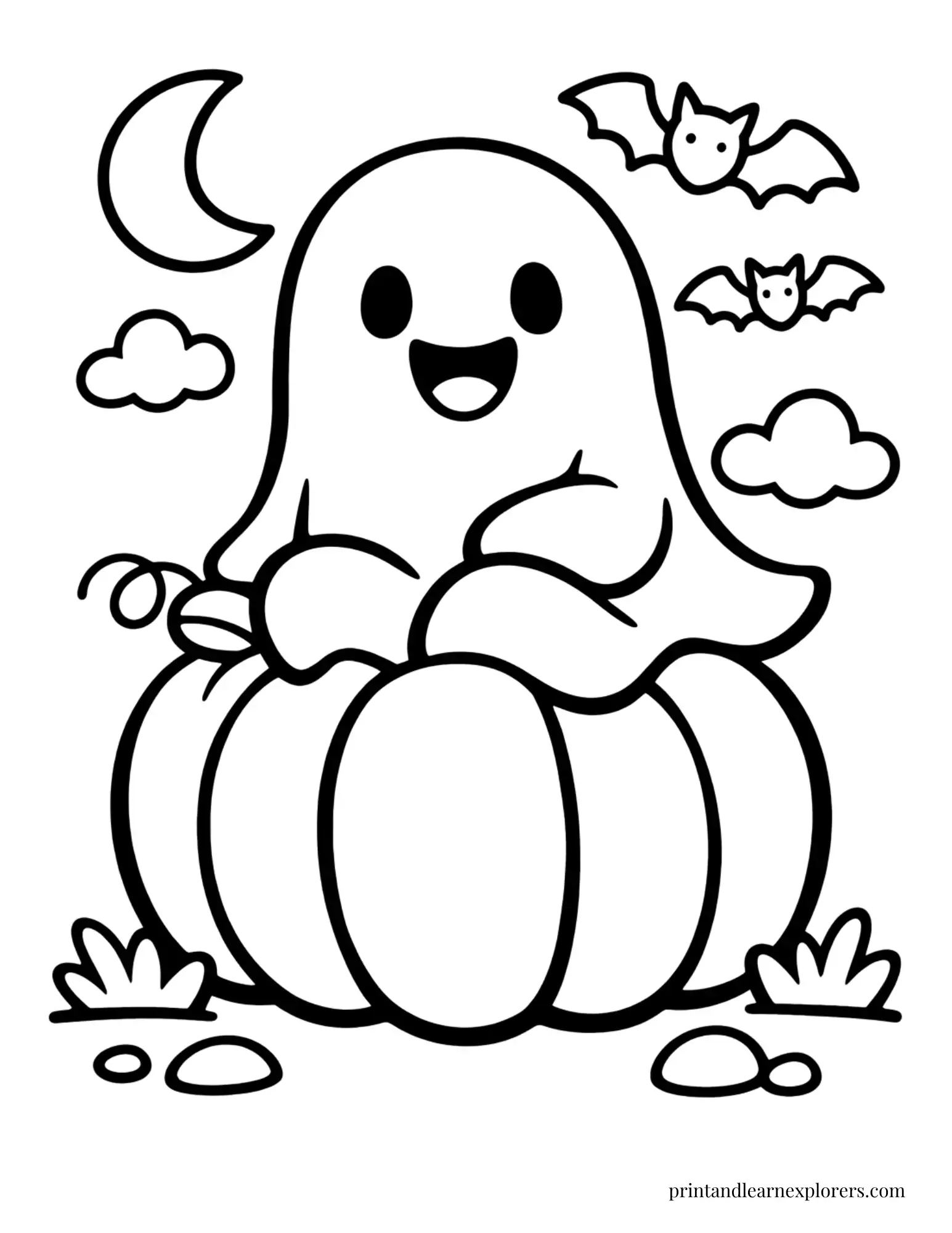 ghost sitting on pumpkin preschool coloring page
