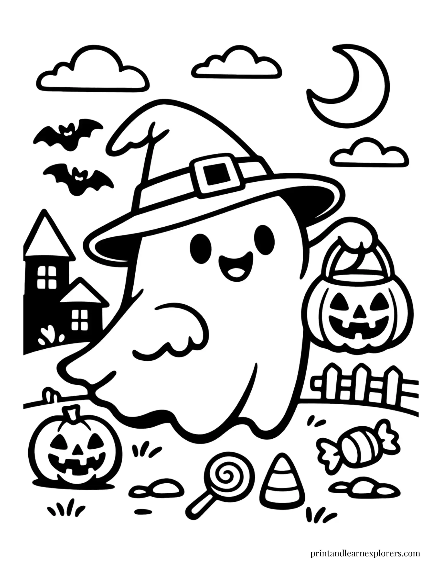 ghost trick or treat witch hat coloring page