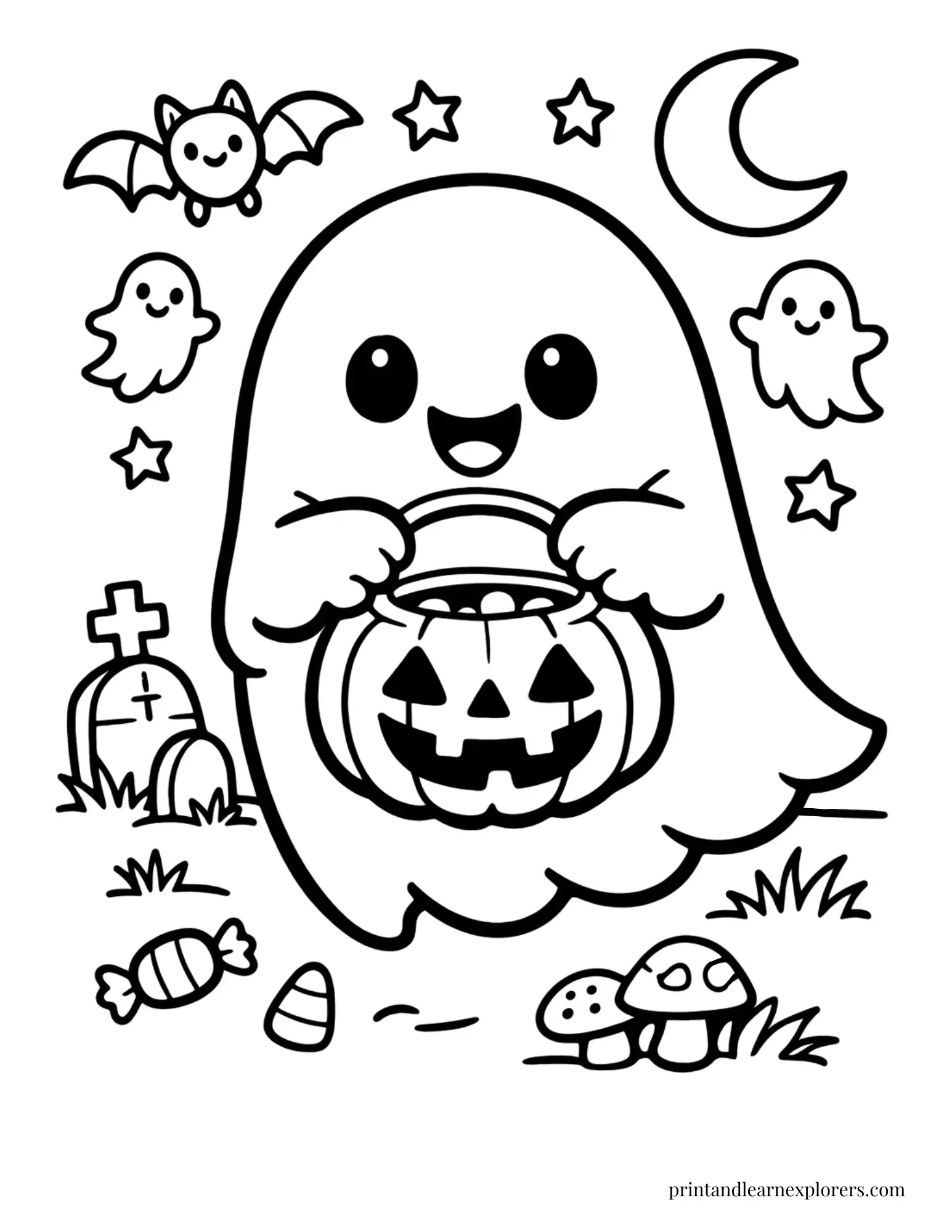 ghost with pumpkin bucket coloring page