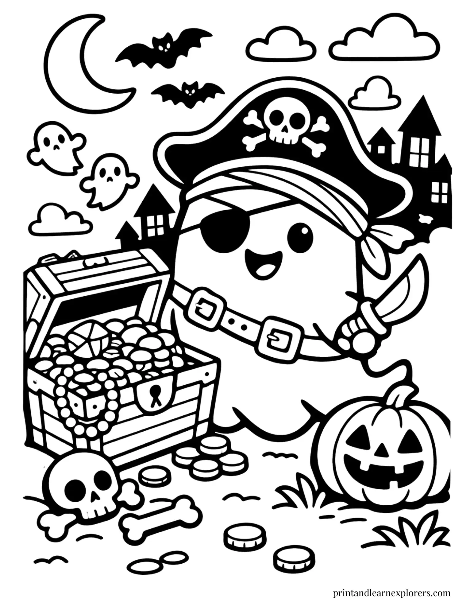 pirate ghost with treasure chest coloring page