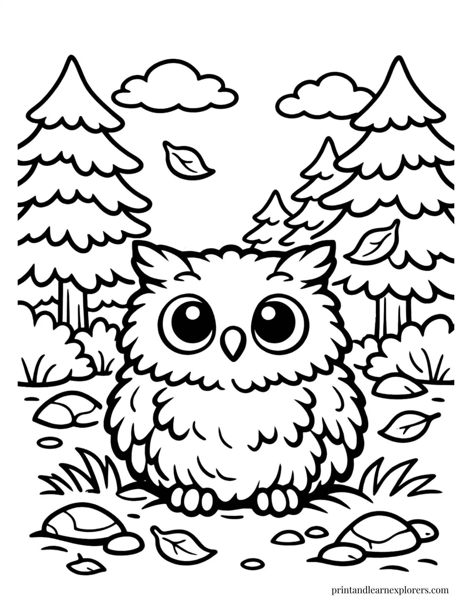 cute fluffy owl pine forest coloring page
