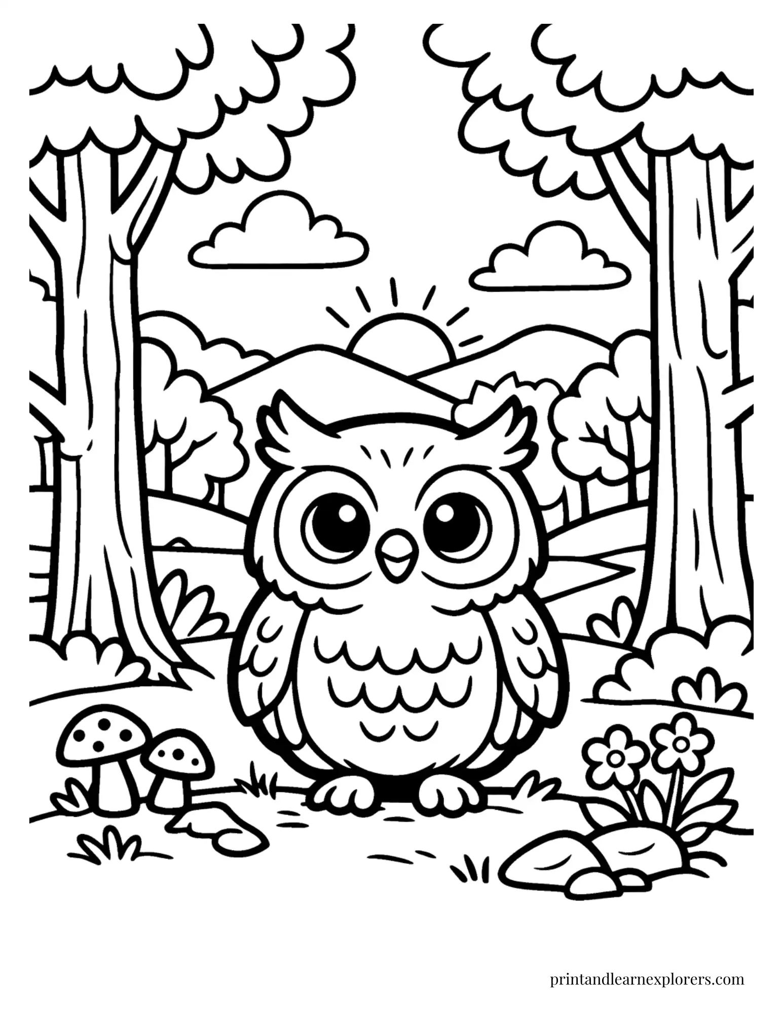 cute owl forest clearing coloring page