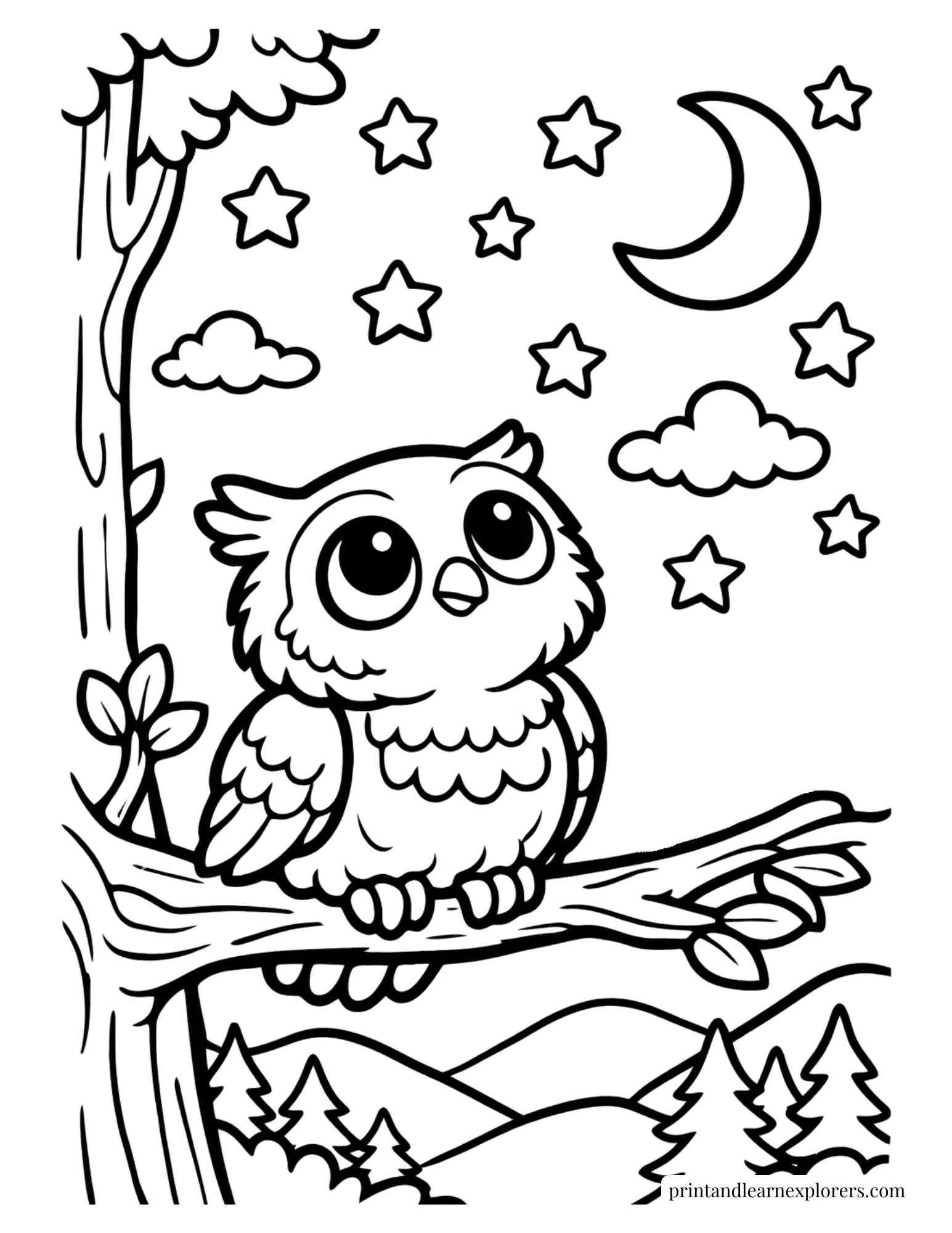 cute owl looking at stars coloring page