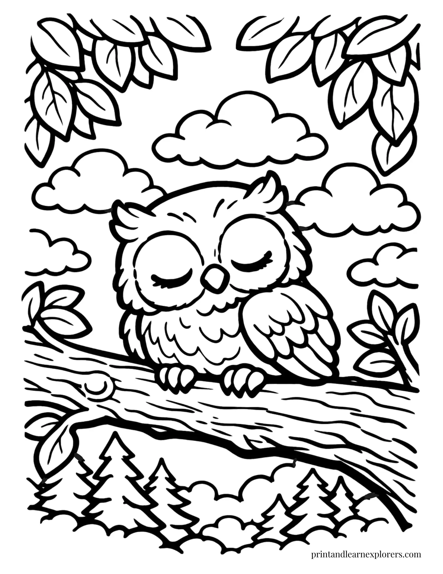 cute sleepy baby owl branch coloring page