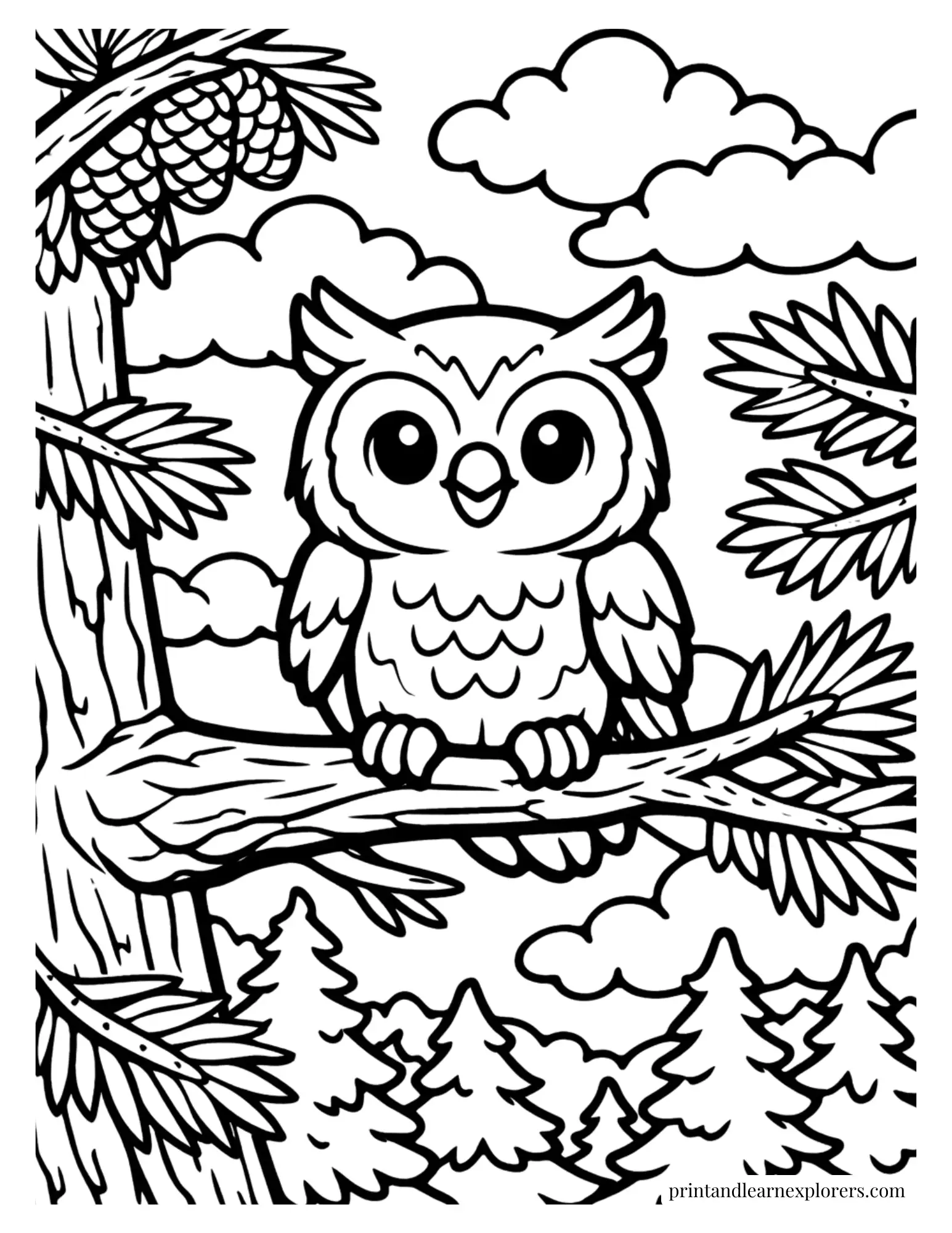 cute smiling owl pine tree coloring page