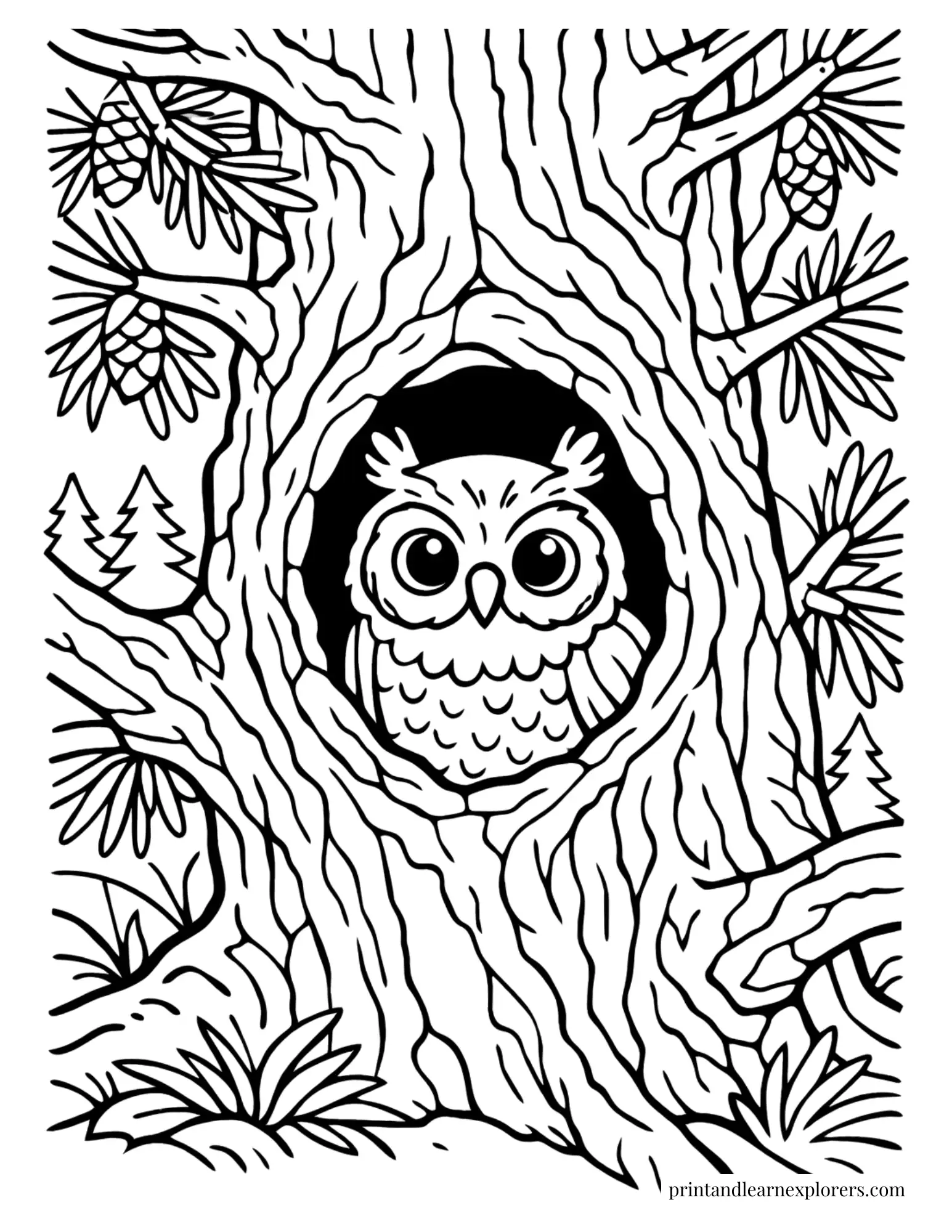 owl tree hollow coloring page