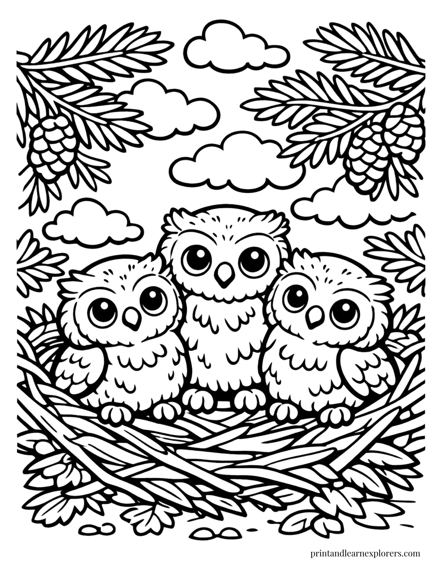 three baby owls nest coloring page