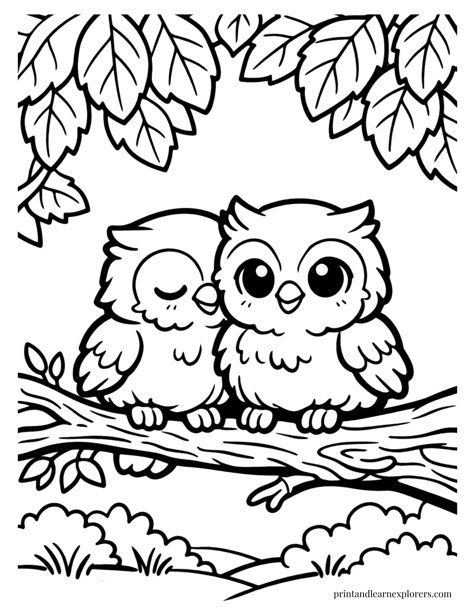 two baby owls branch coloring page
