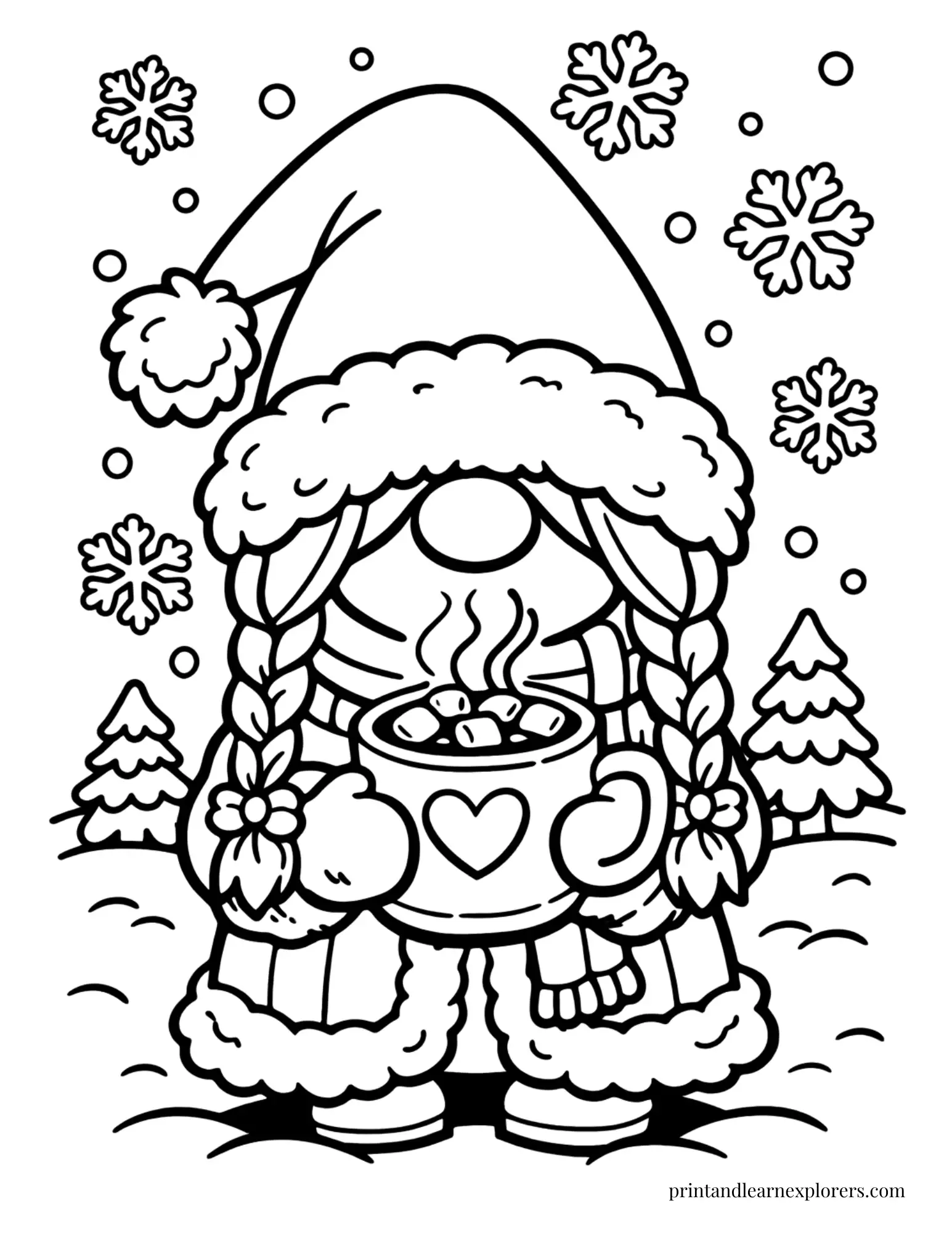 winter girl gnome with hot chocolate coloring page