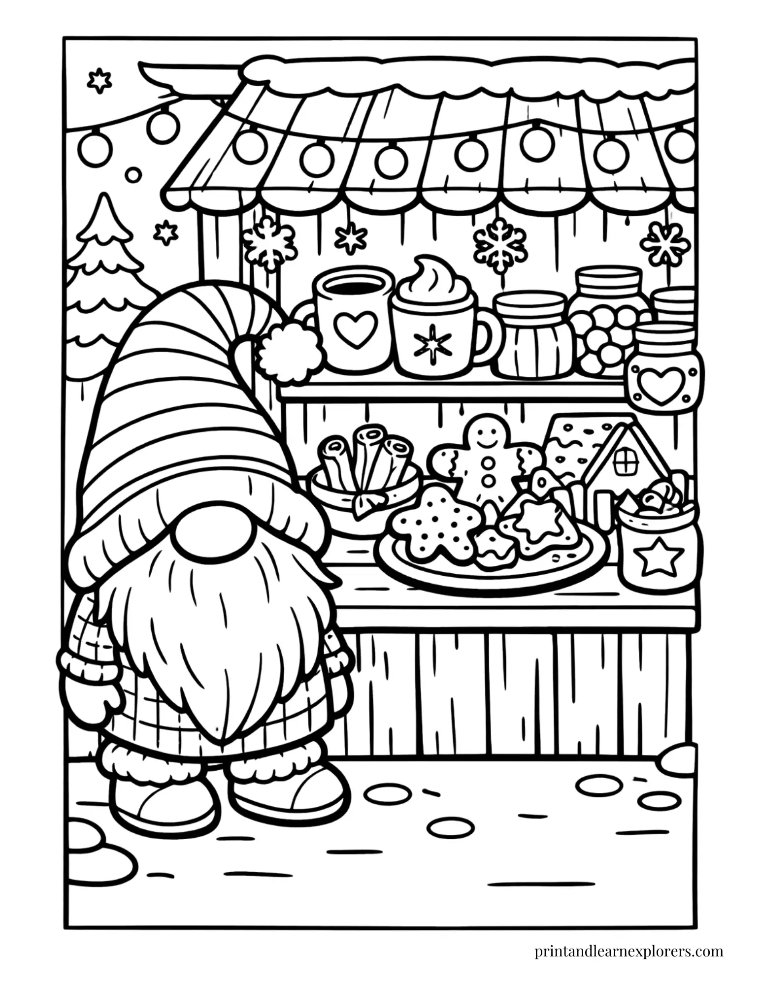 winter gnome at the market coloring page
