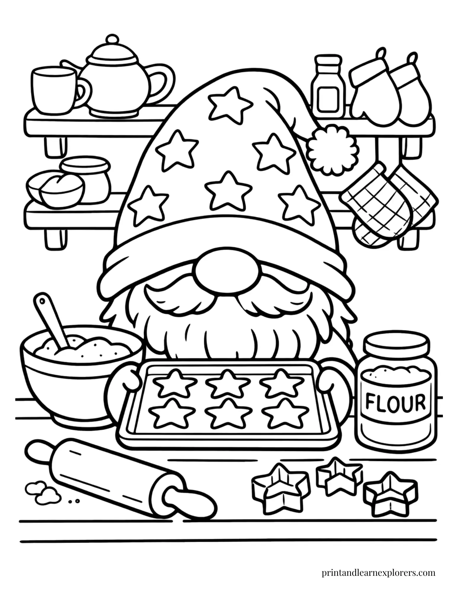 winter gnome baking cookies coloring page