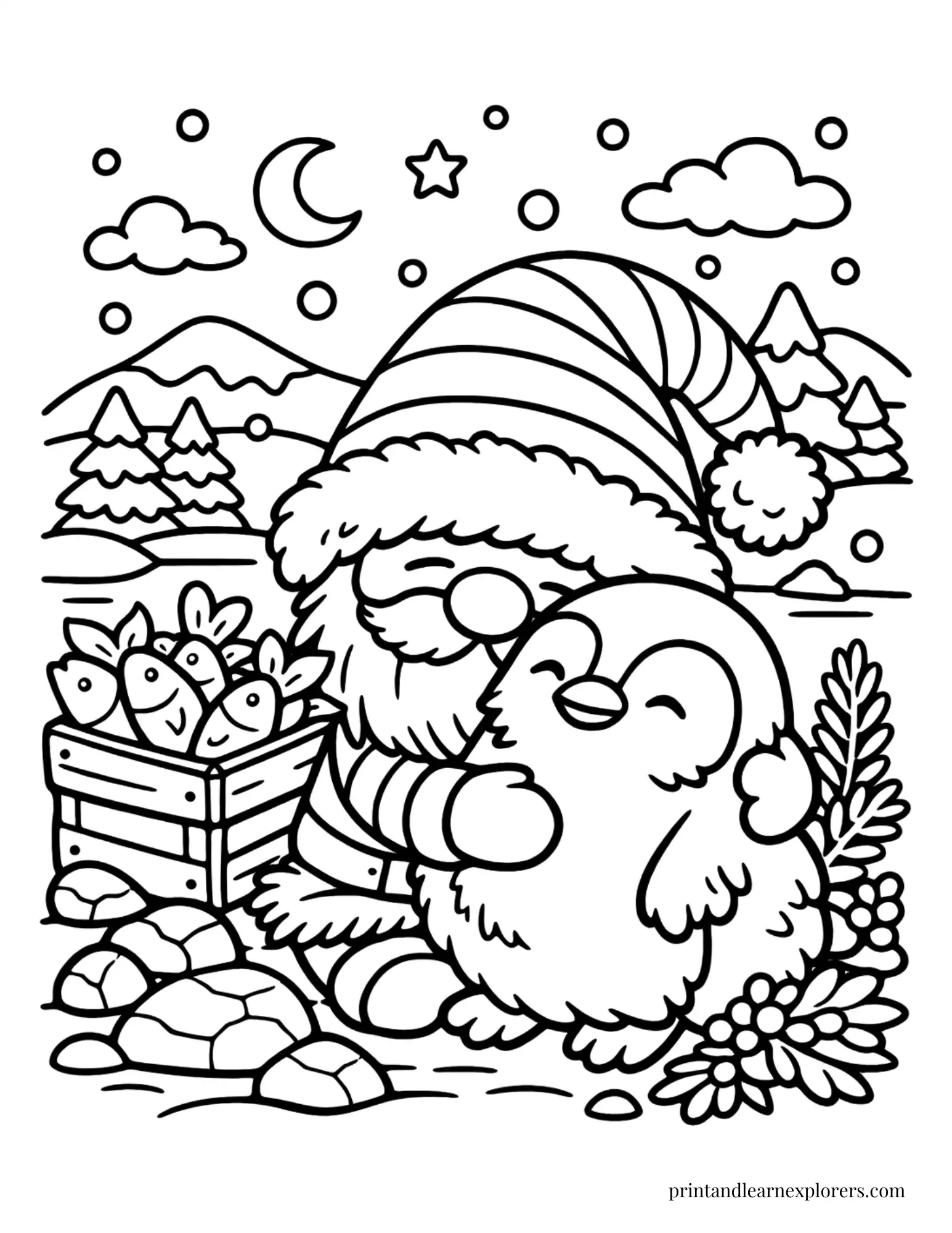 winter gnome caring for pengiun coloring page