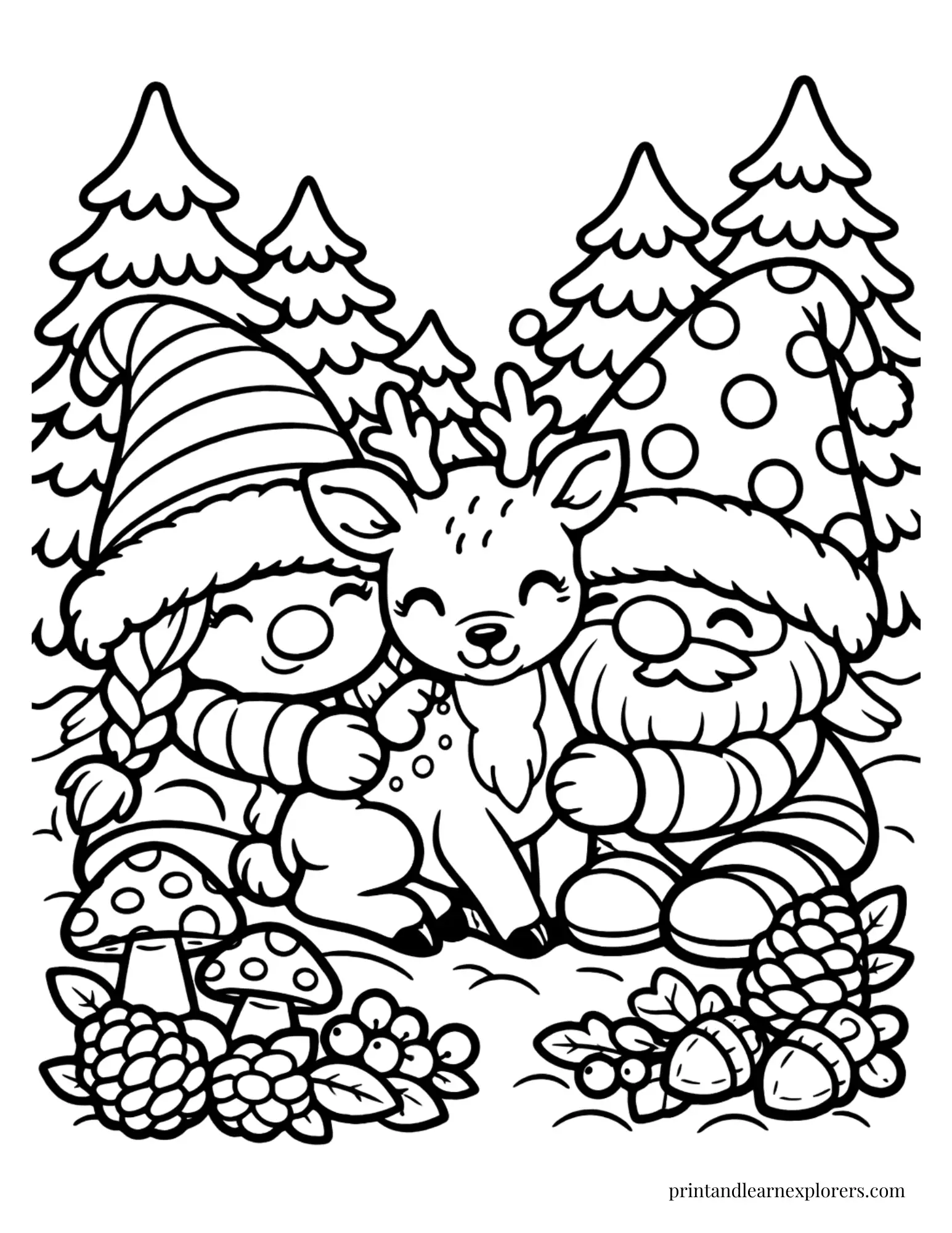 winter gnome couple hugging deer coloring page