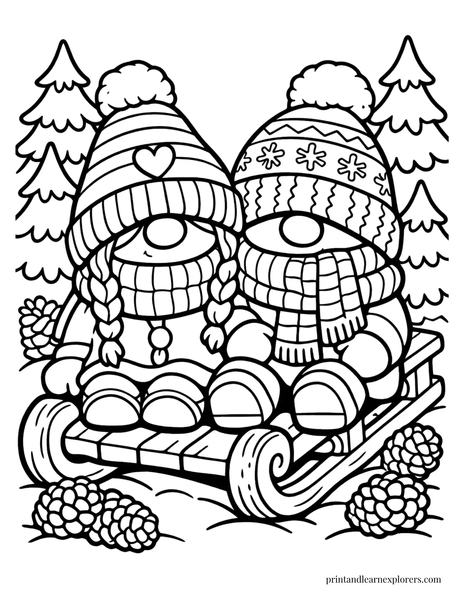 winter gnome couple on sled coloring page