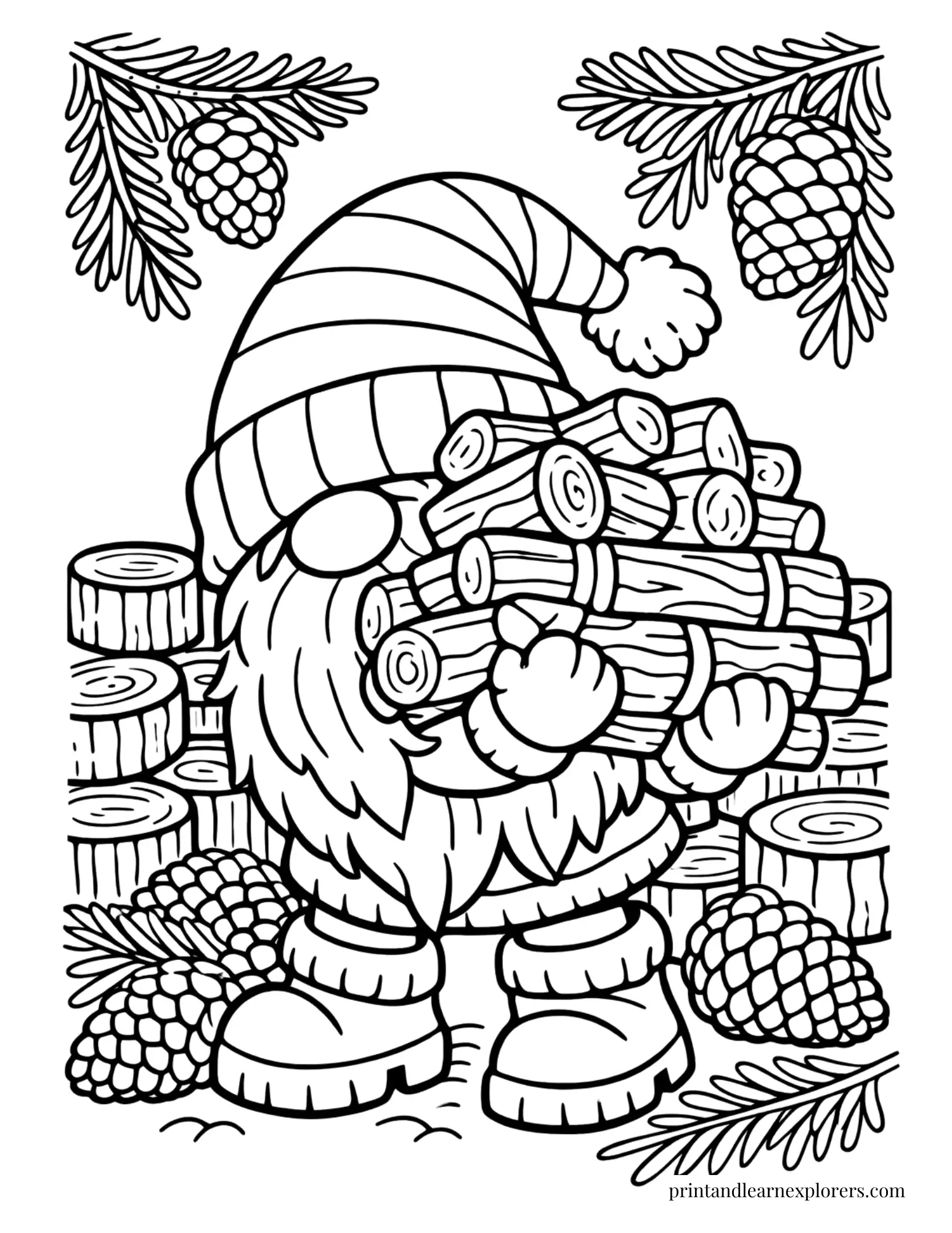 winter gnome gathering firewood coloring page