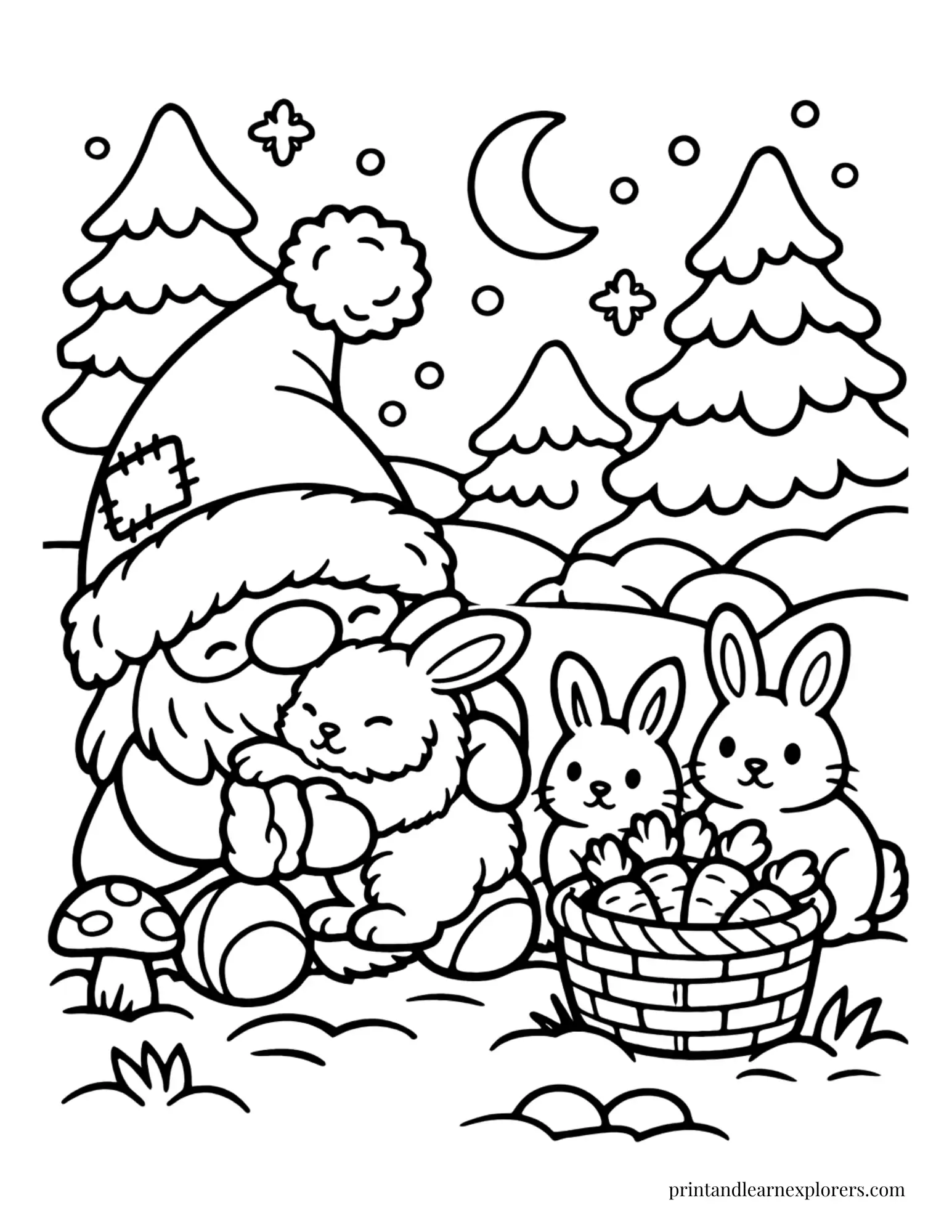 winter gnome hugging bunnies coloring page