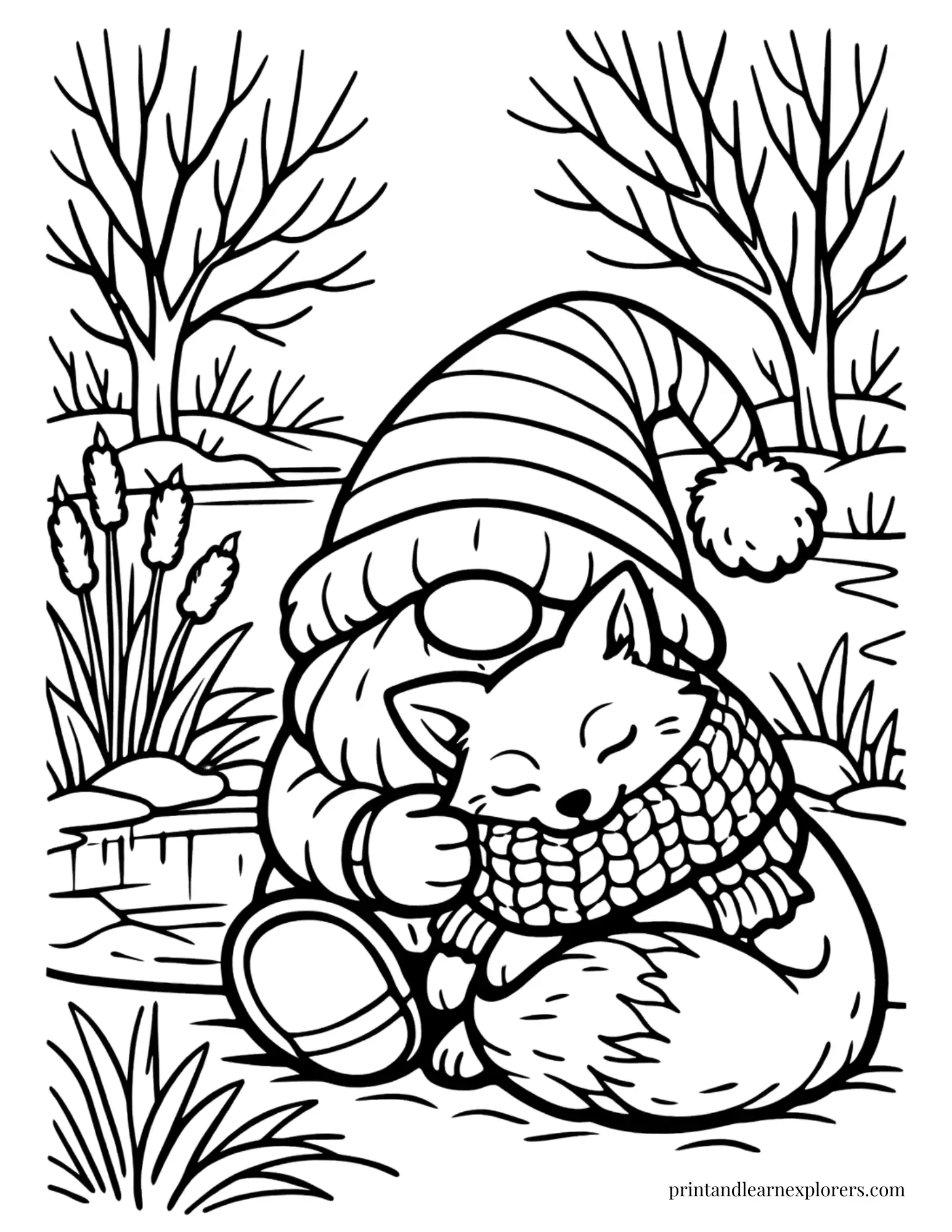 winter gnome hugging fox coloring page