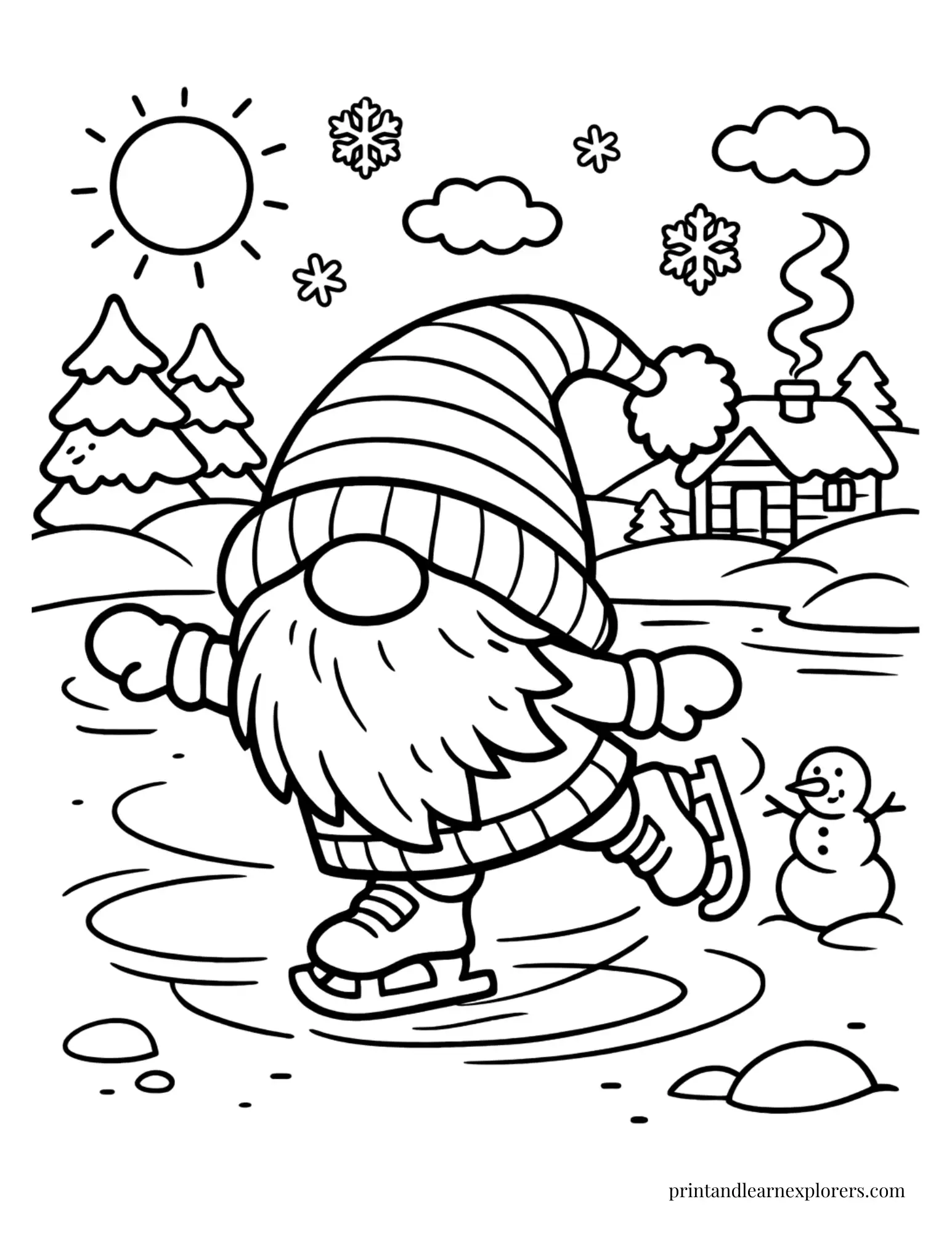 winter gnome ice skating coloring page