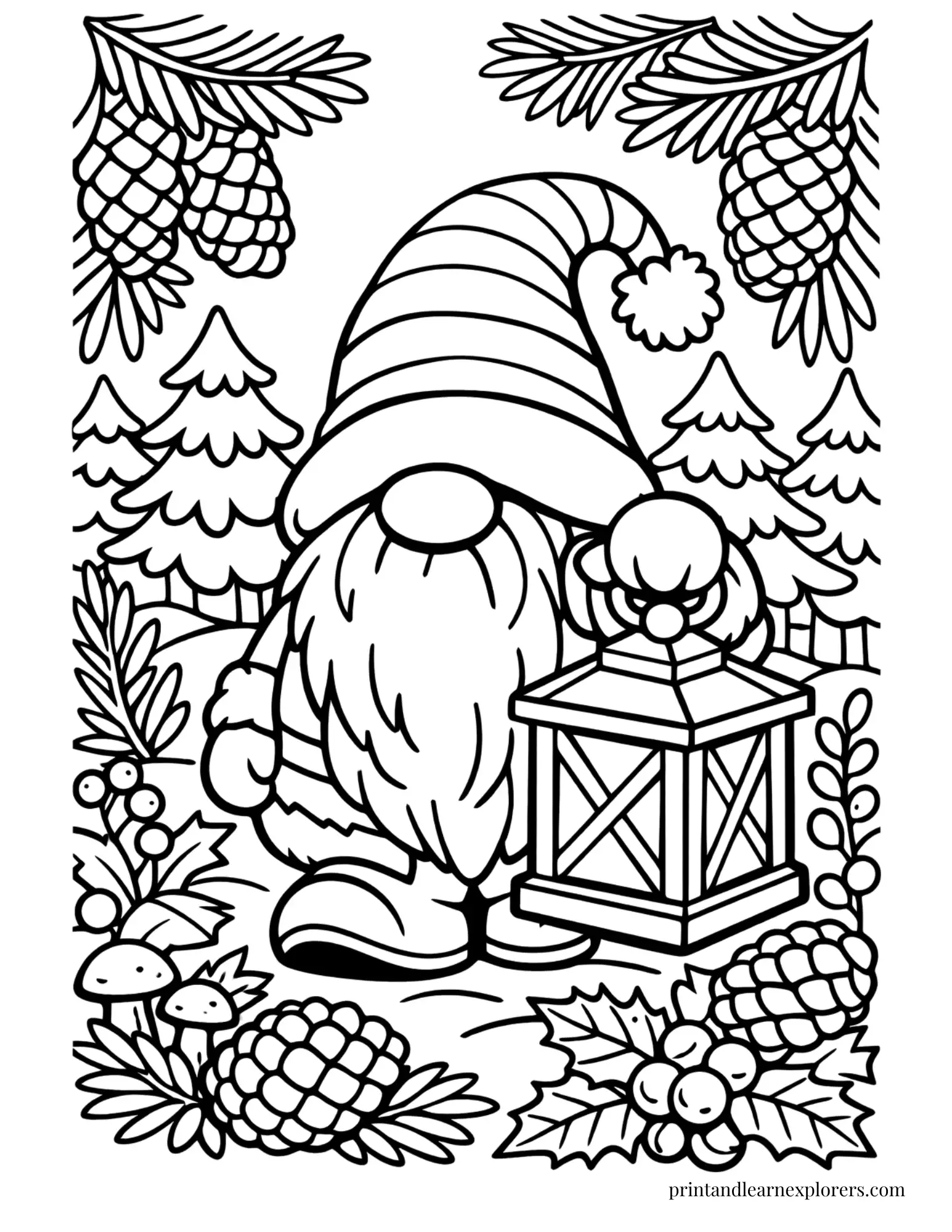 winter gnome on woodland walk coloring page