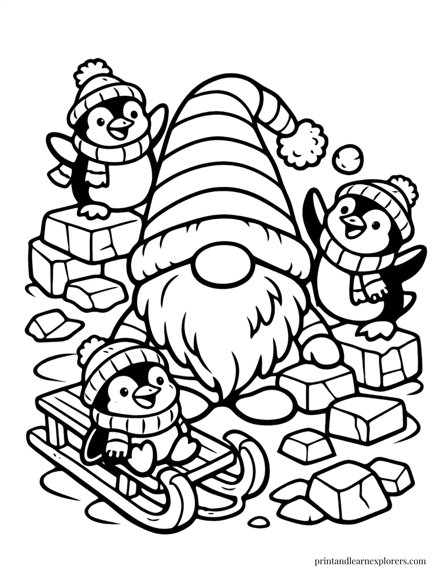 winter gnome playing with pengiuns coloring page