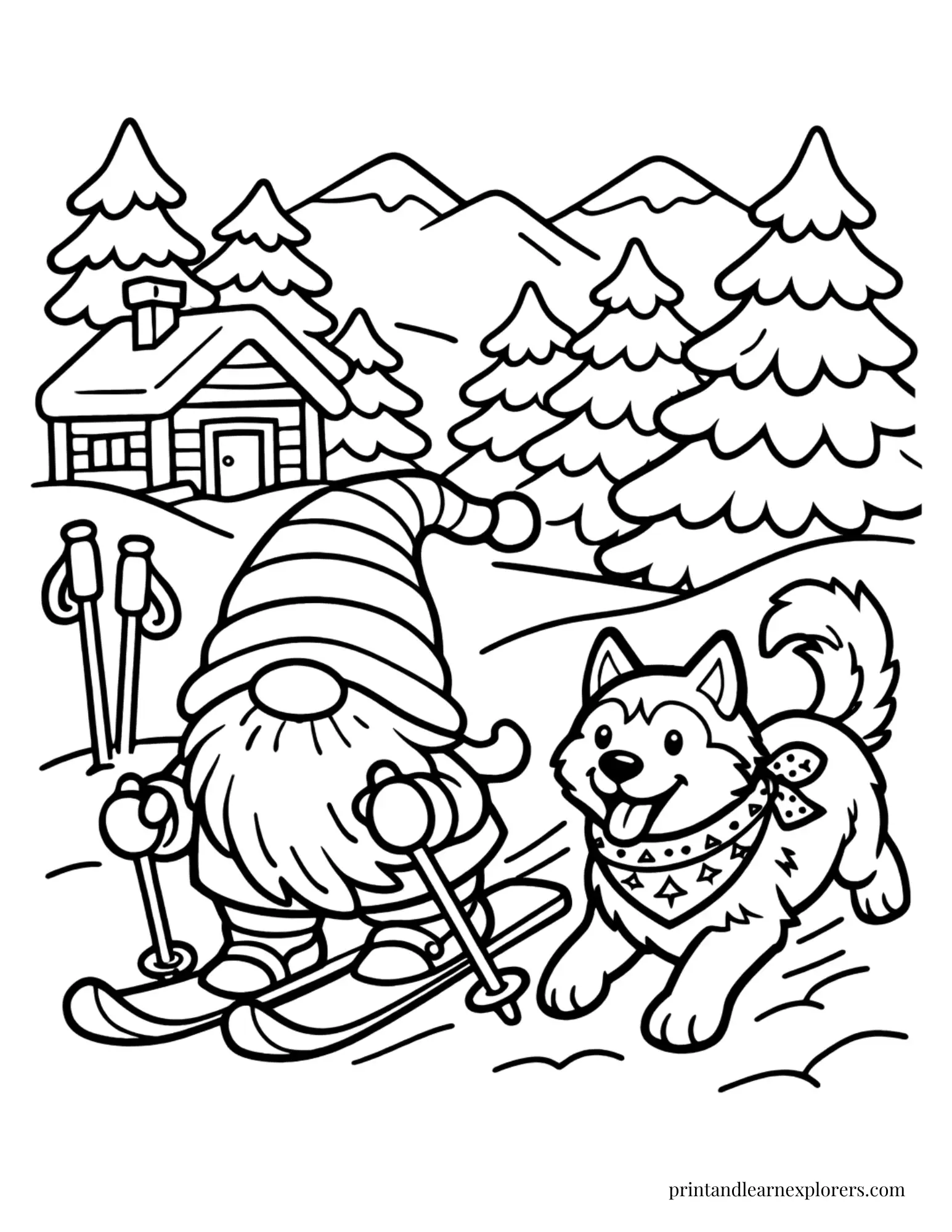 winter gnome skiiing with wolf coloring page