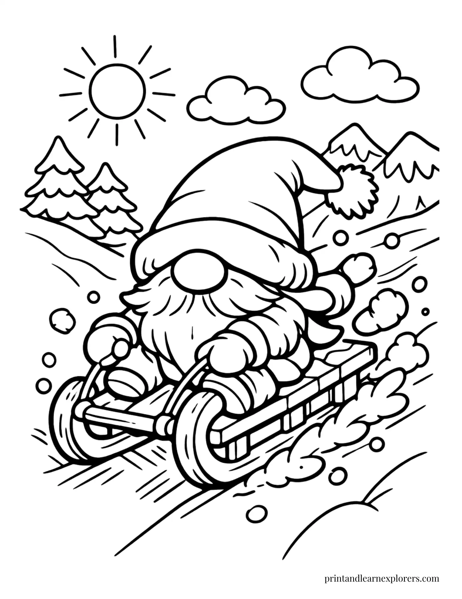 winter gnome sledging coloring page