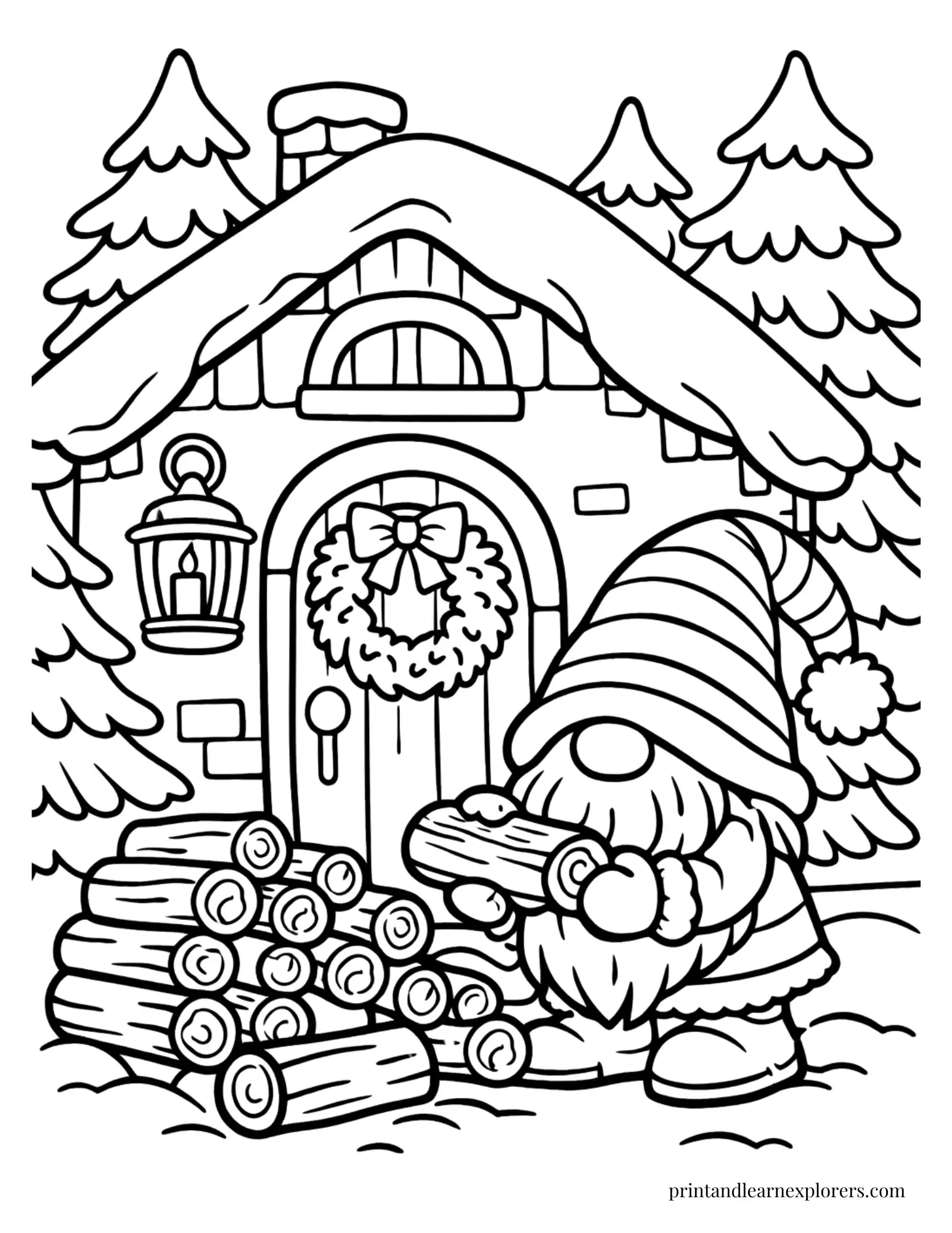 winter gnome stacking logs coloring page