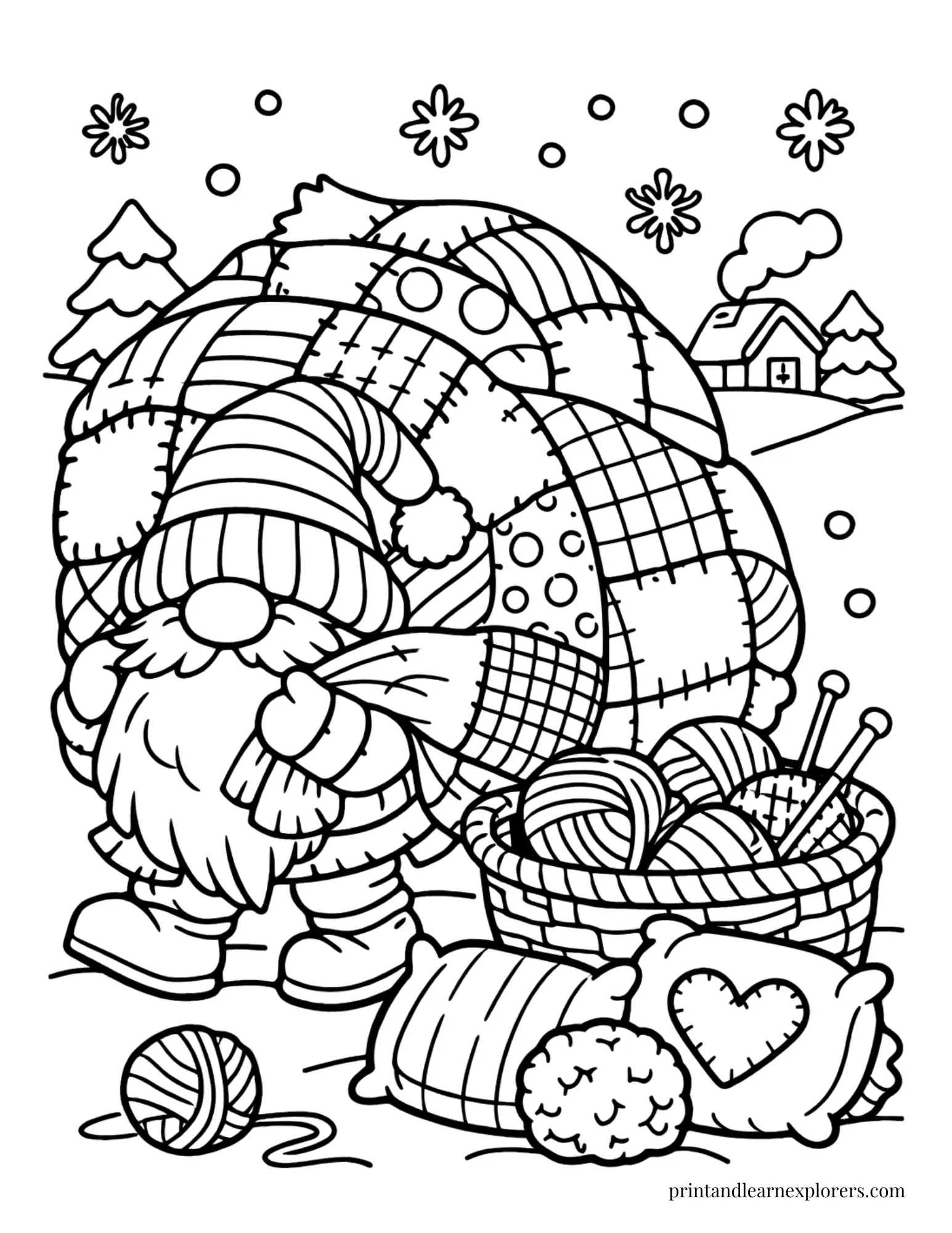 winter gnome under quilted blanket coloring page