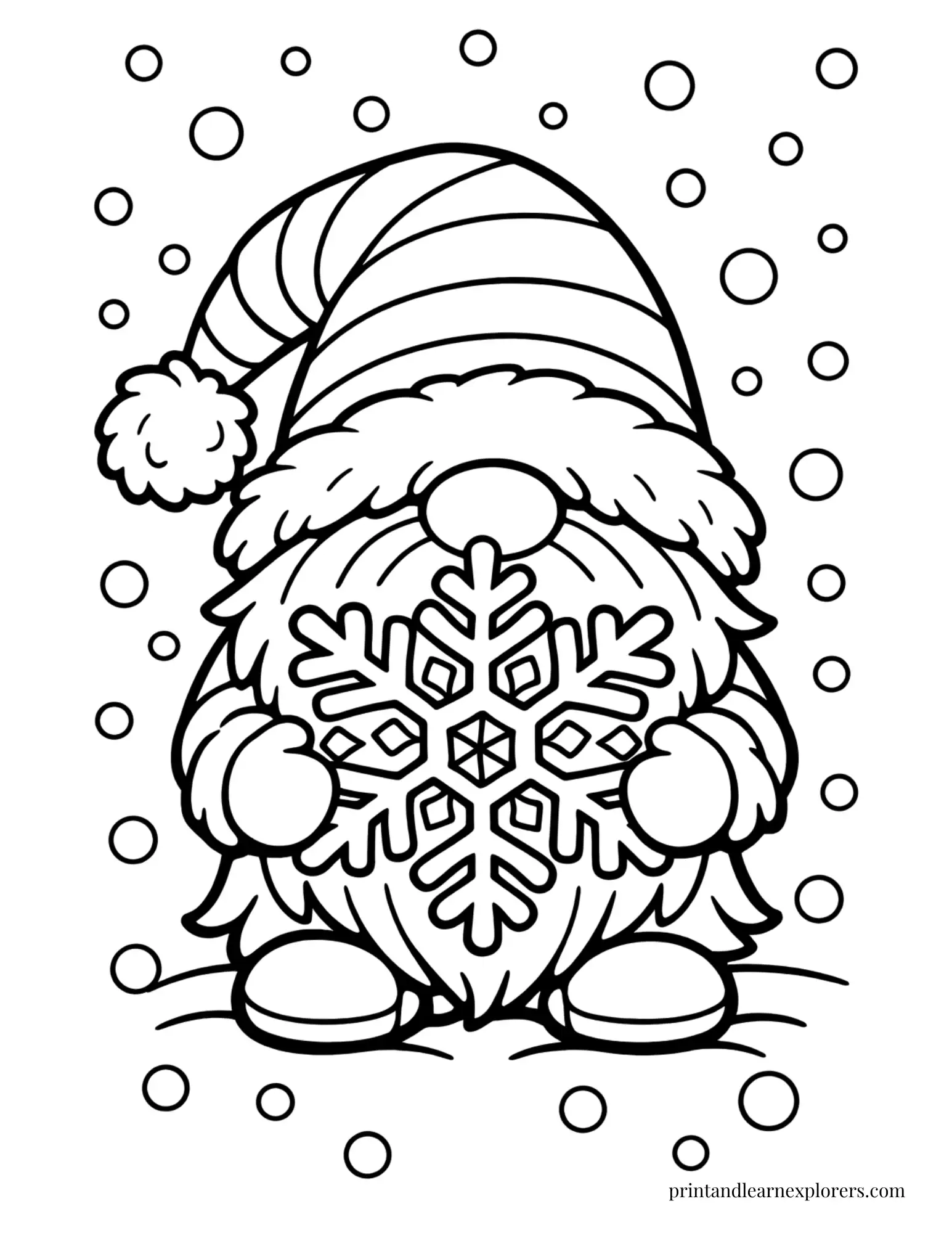 winter gnome with large snowflake coloring page