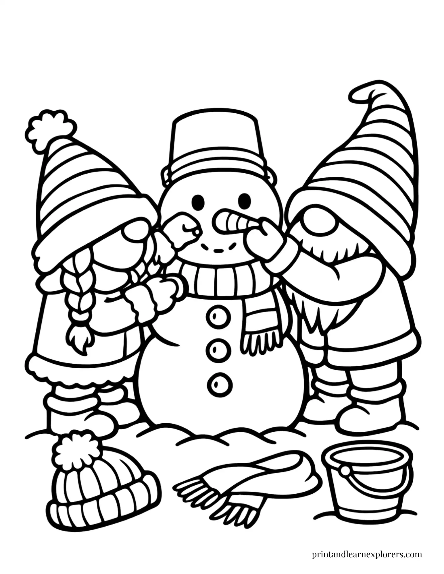 winter gnomes building a snowman coloring page