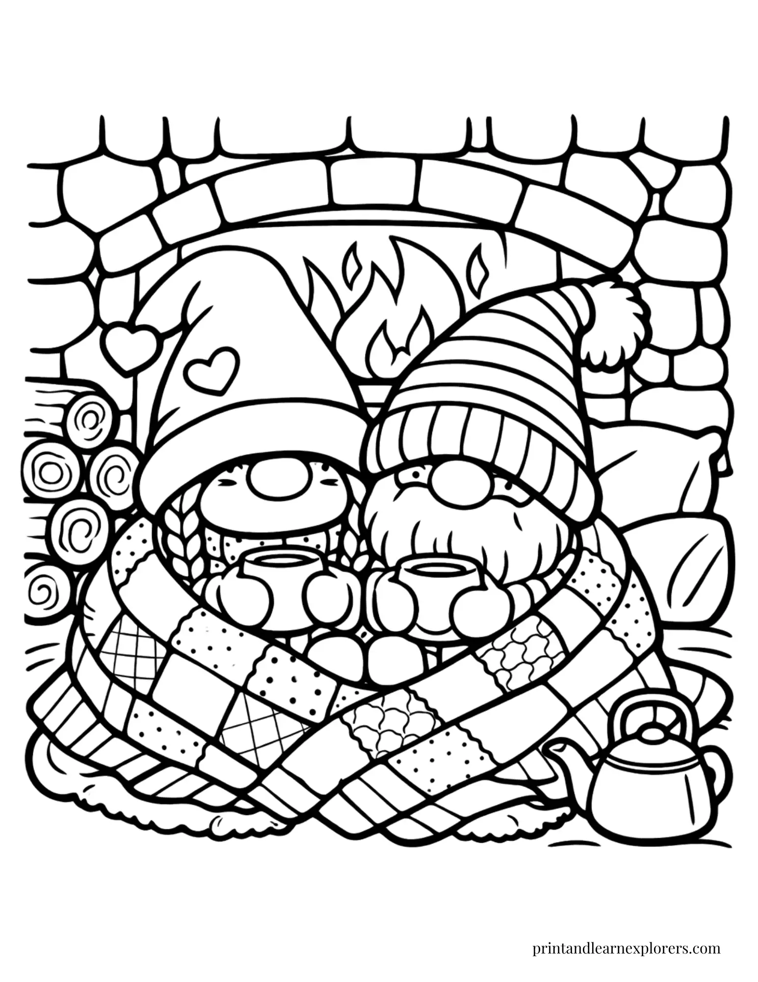winter gnomes cuddling by the fireplace coloring page