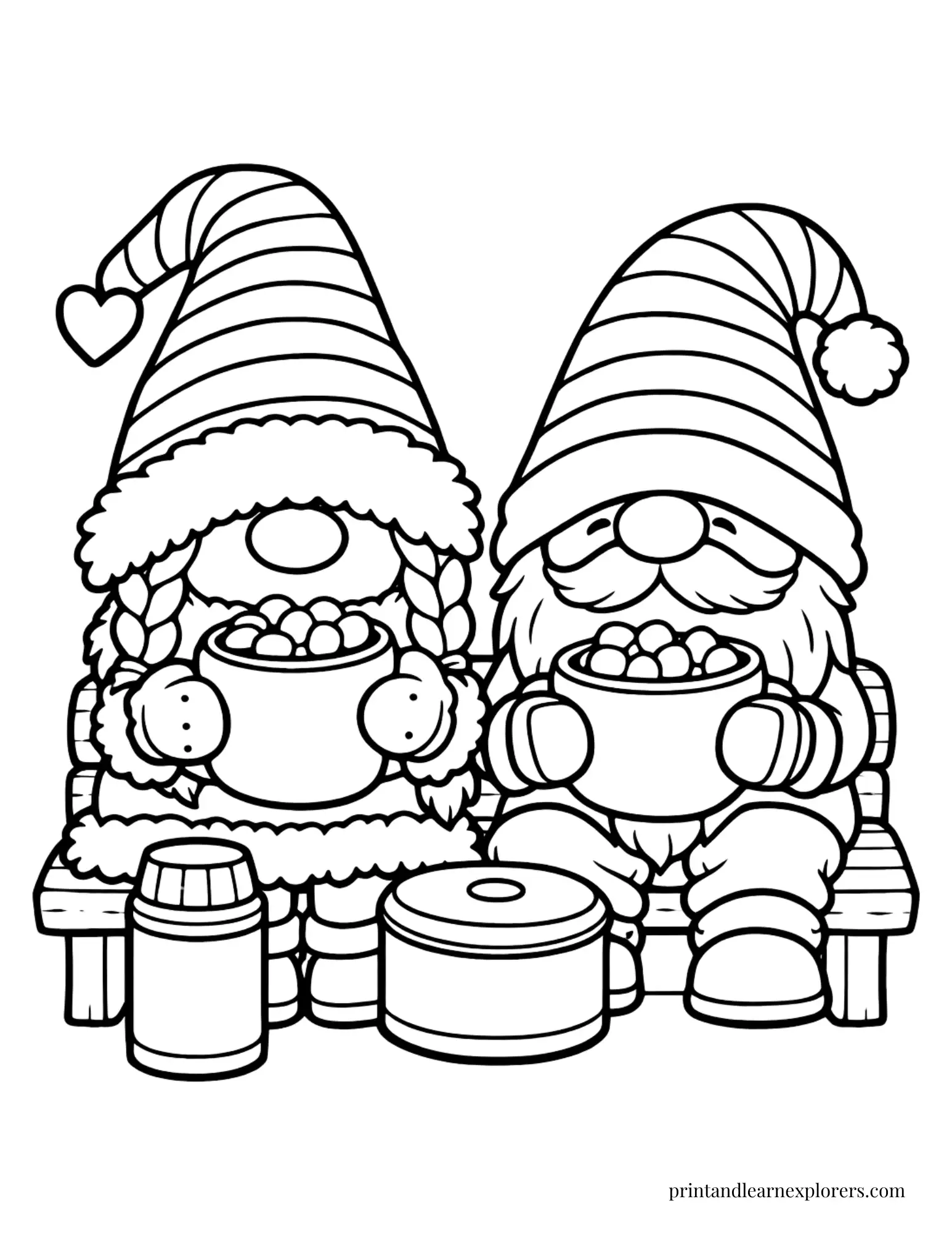 winter gnomes drinking hot chocolate coloring page