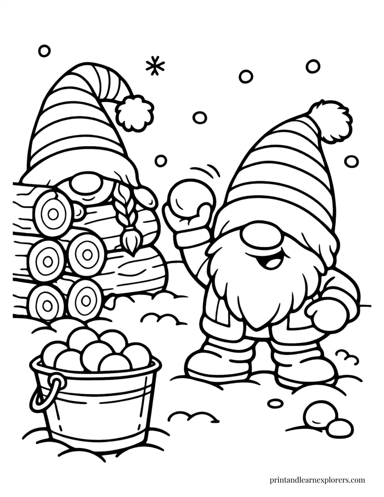 winter gnomes having snowball fight coloring page