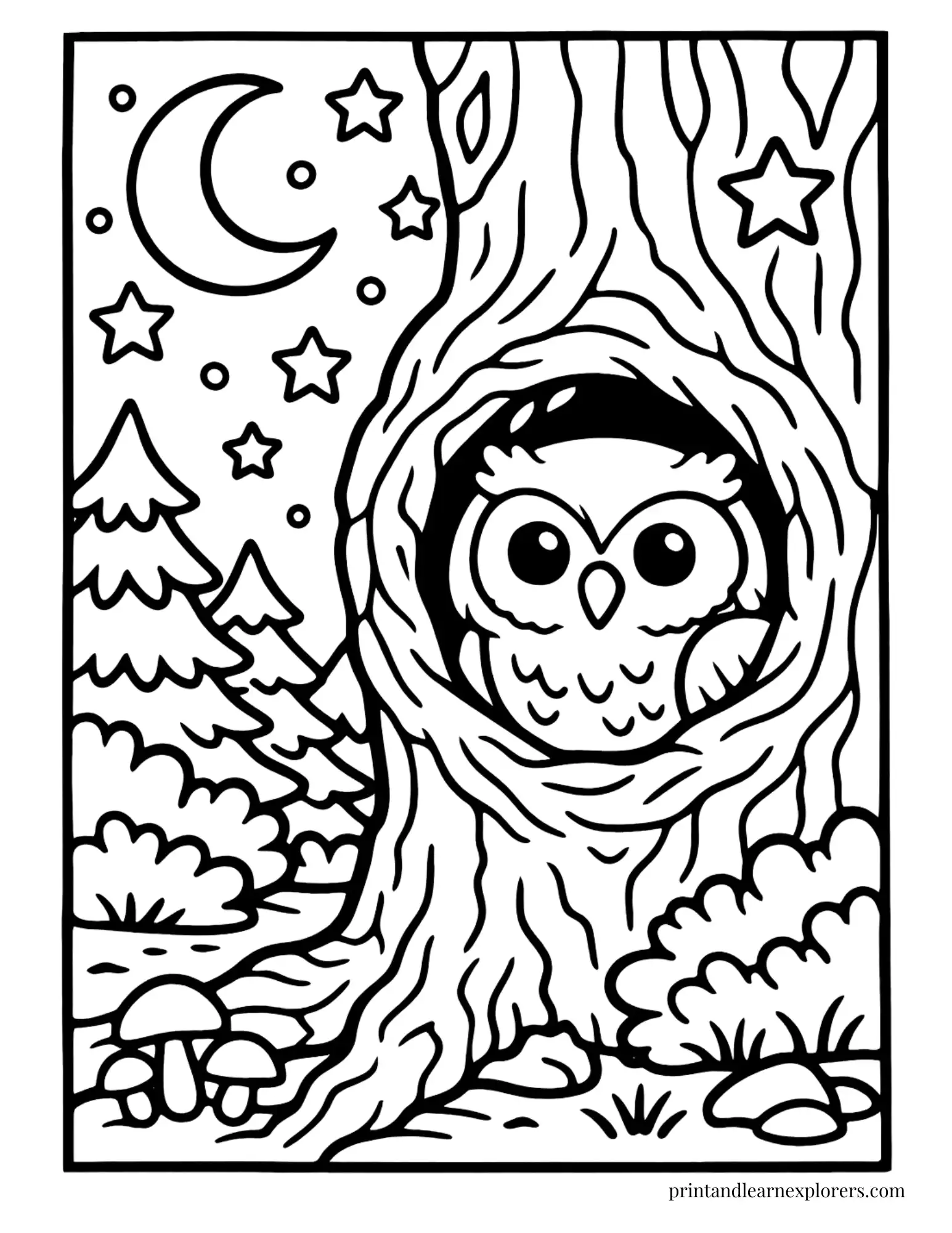 cute fluffy owl and crescent moon coloring page