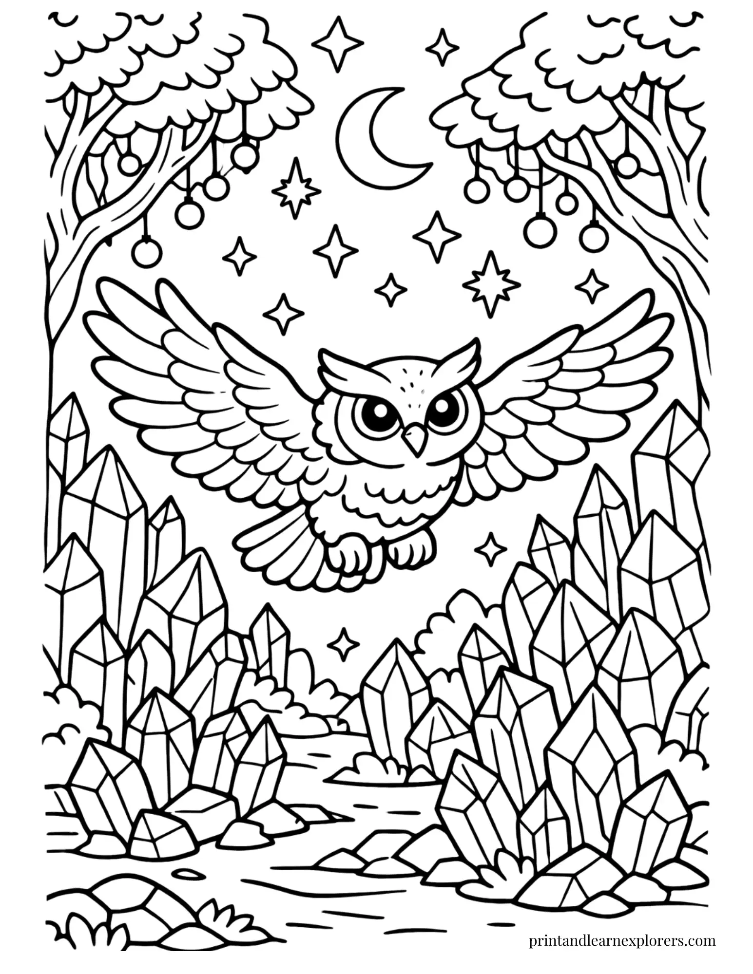 fantasy owl flying over crystals coloring page