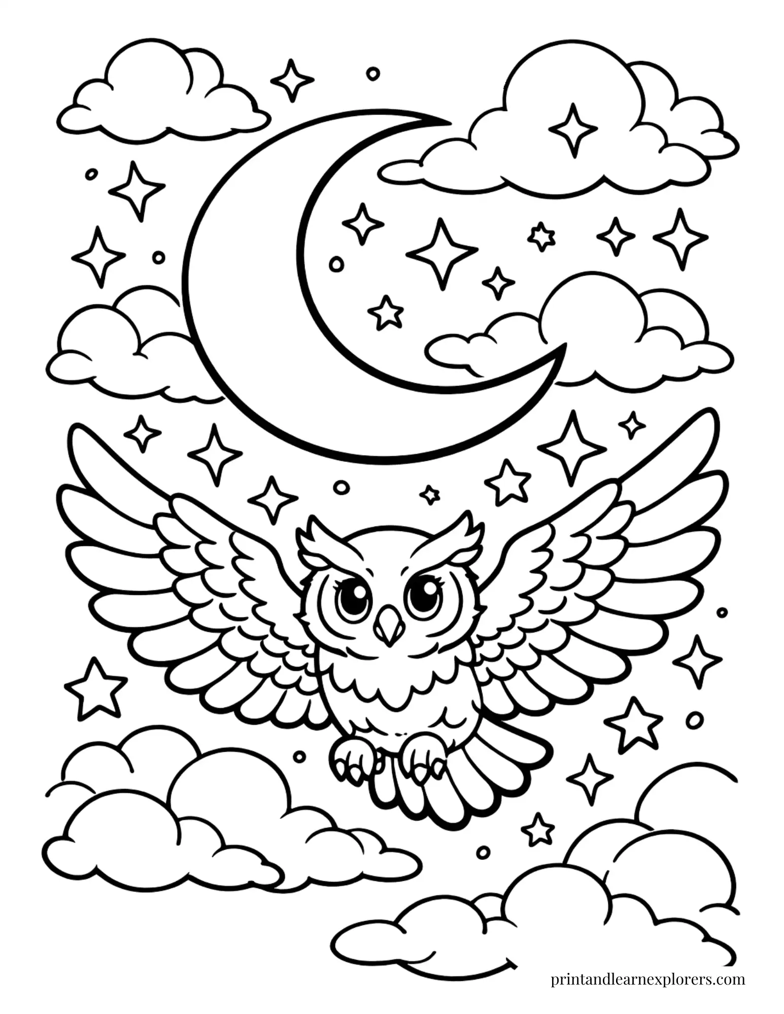 fantasy owl flying through the night coloring page