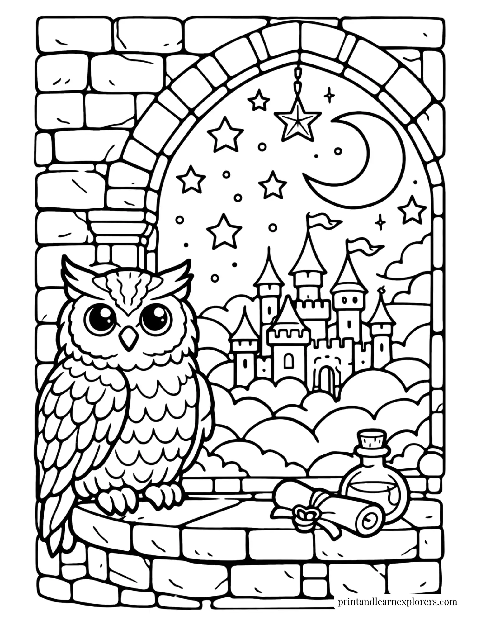 fantasy owl in castle window coloring page