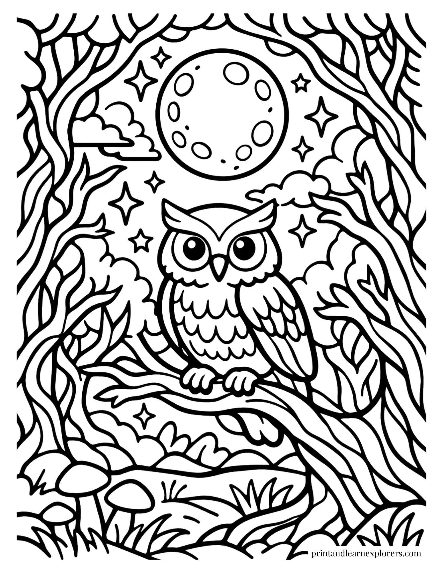 fantasy owl in twisted tree coloring page