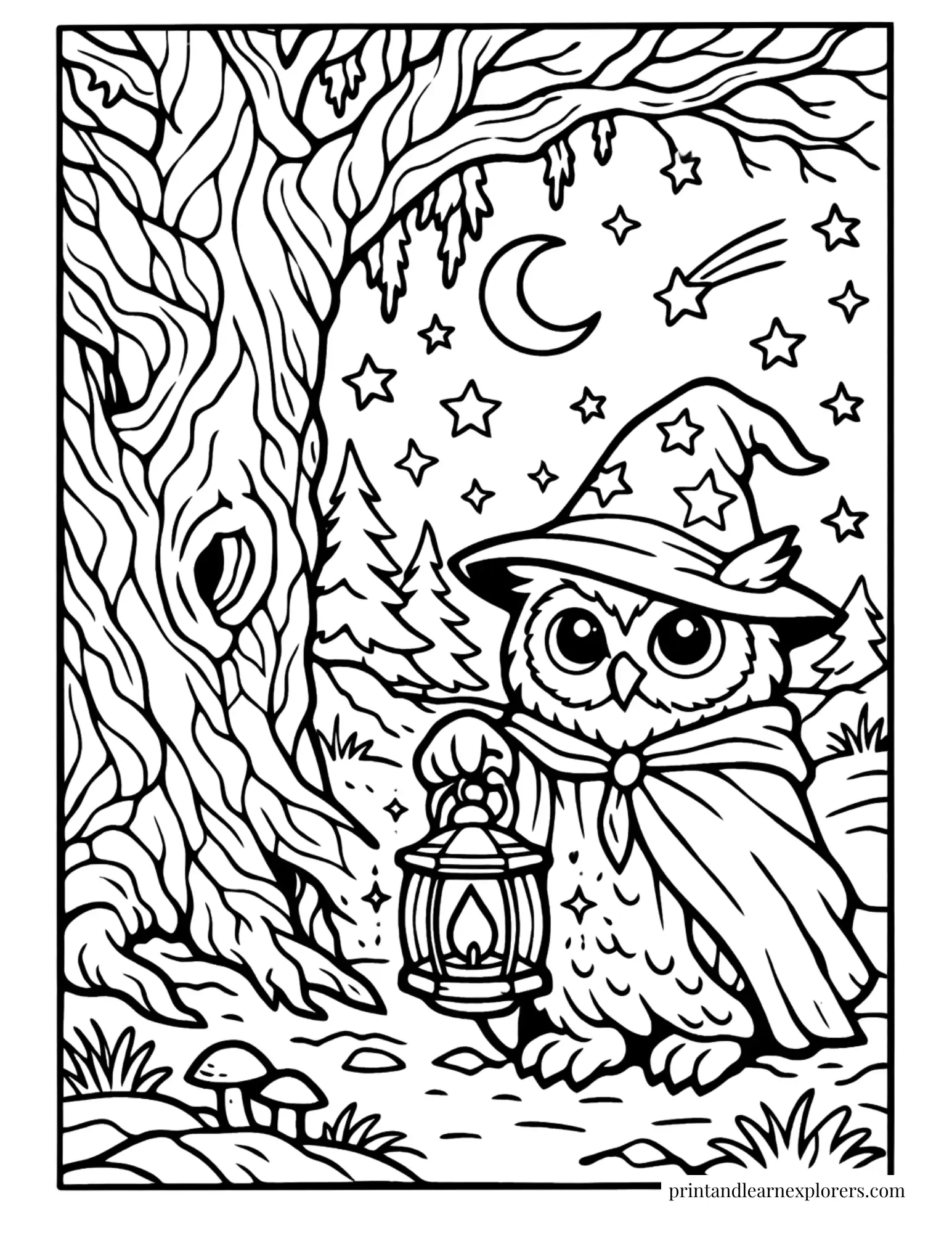 fantasy owl in wizards cloak coloring page