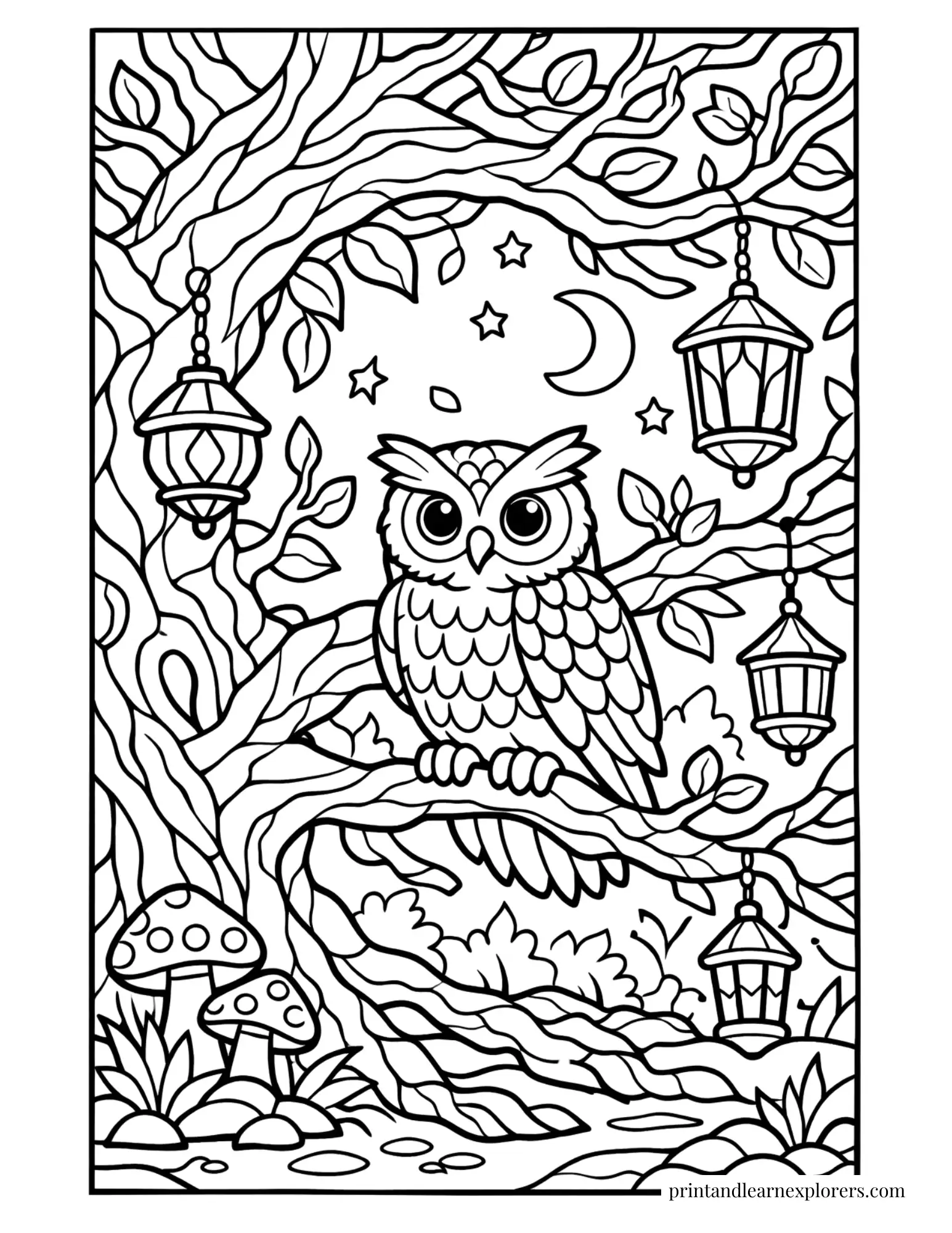 fantasy owl sitting amongst lanterns coloring page