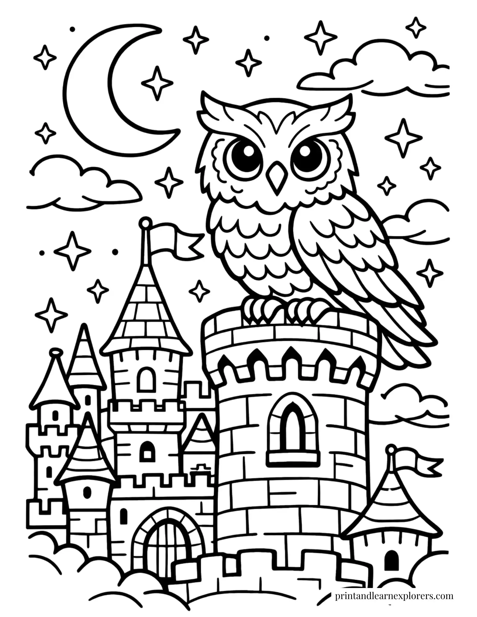 fantasy owl sitting on a castle tower coloring page