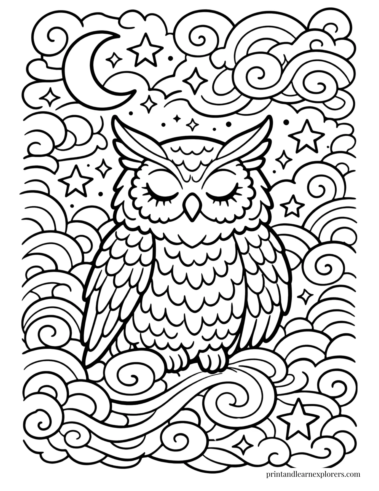 fantasy owl sleeping in the mists coloring page