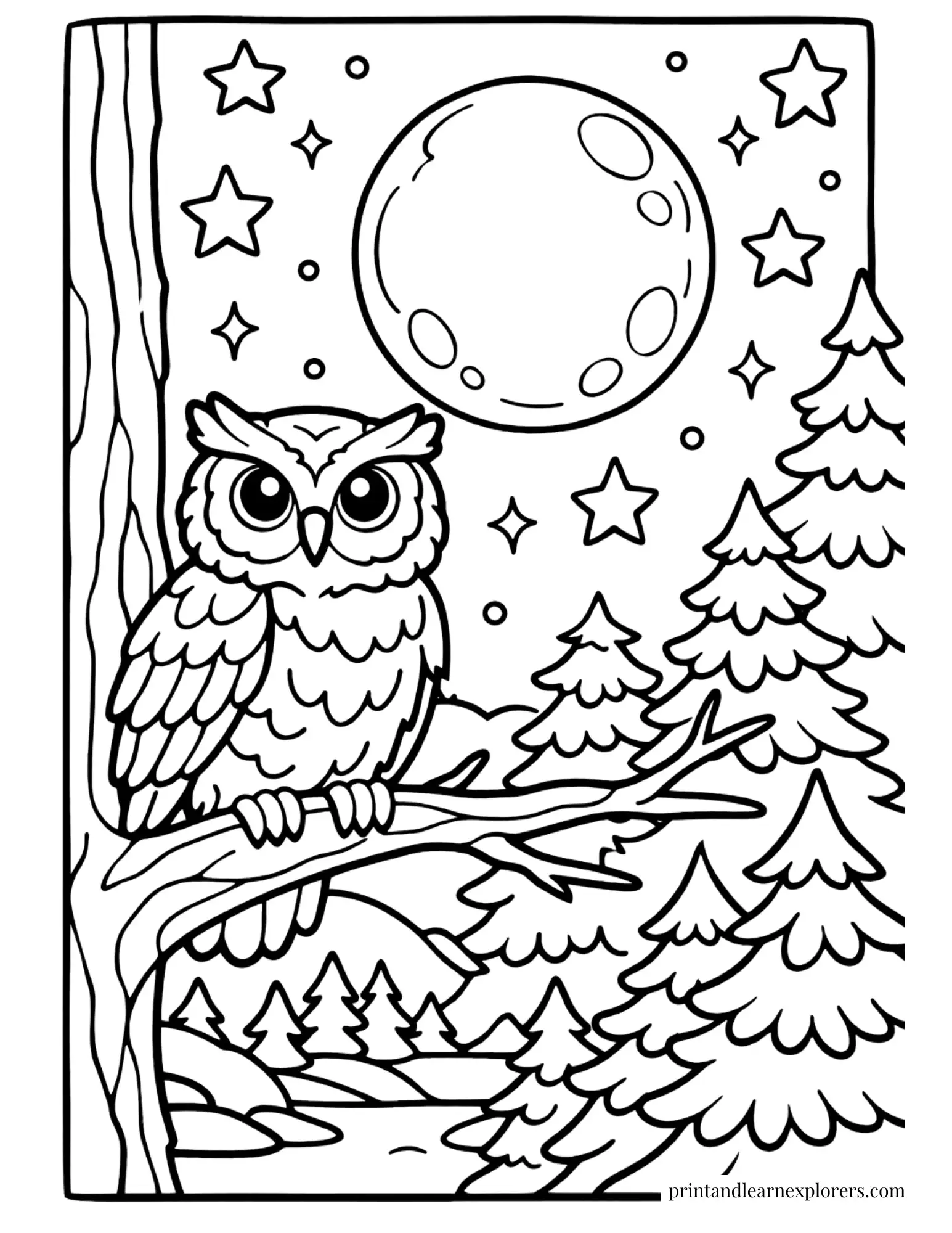owl and large moon coloring page