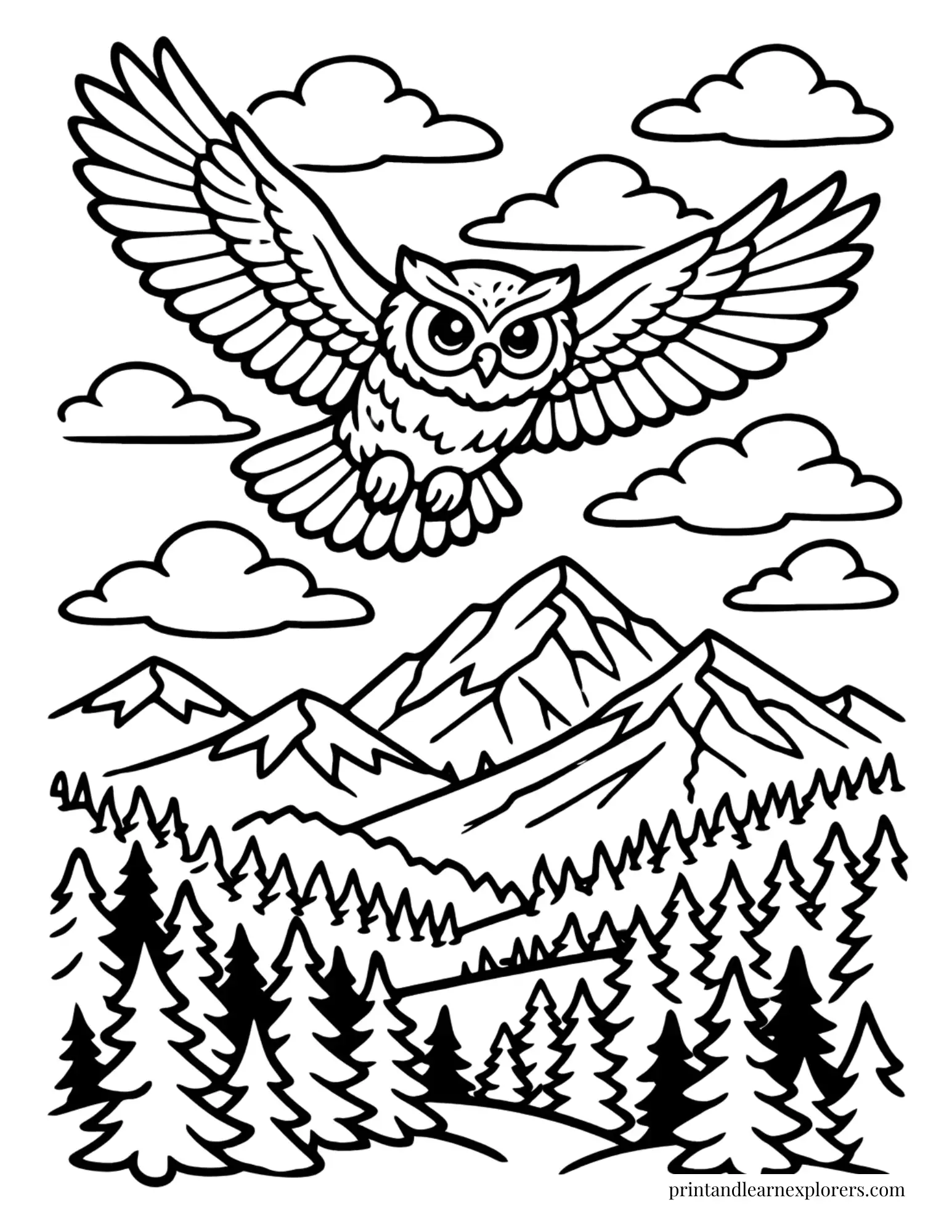 owl flying over mountain tops coloring page