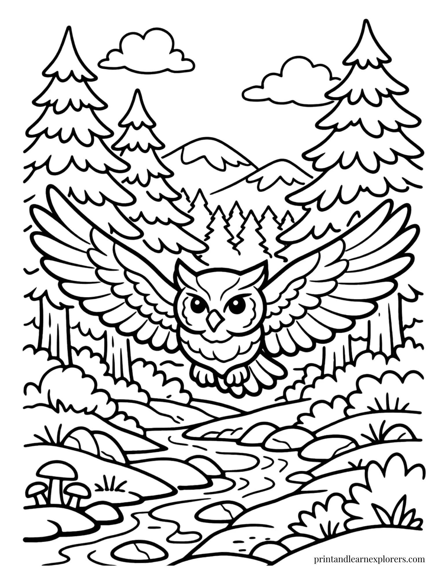 owl flying over stream coloring page