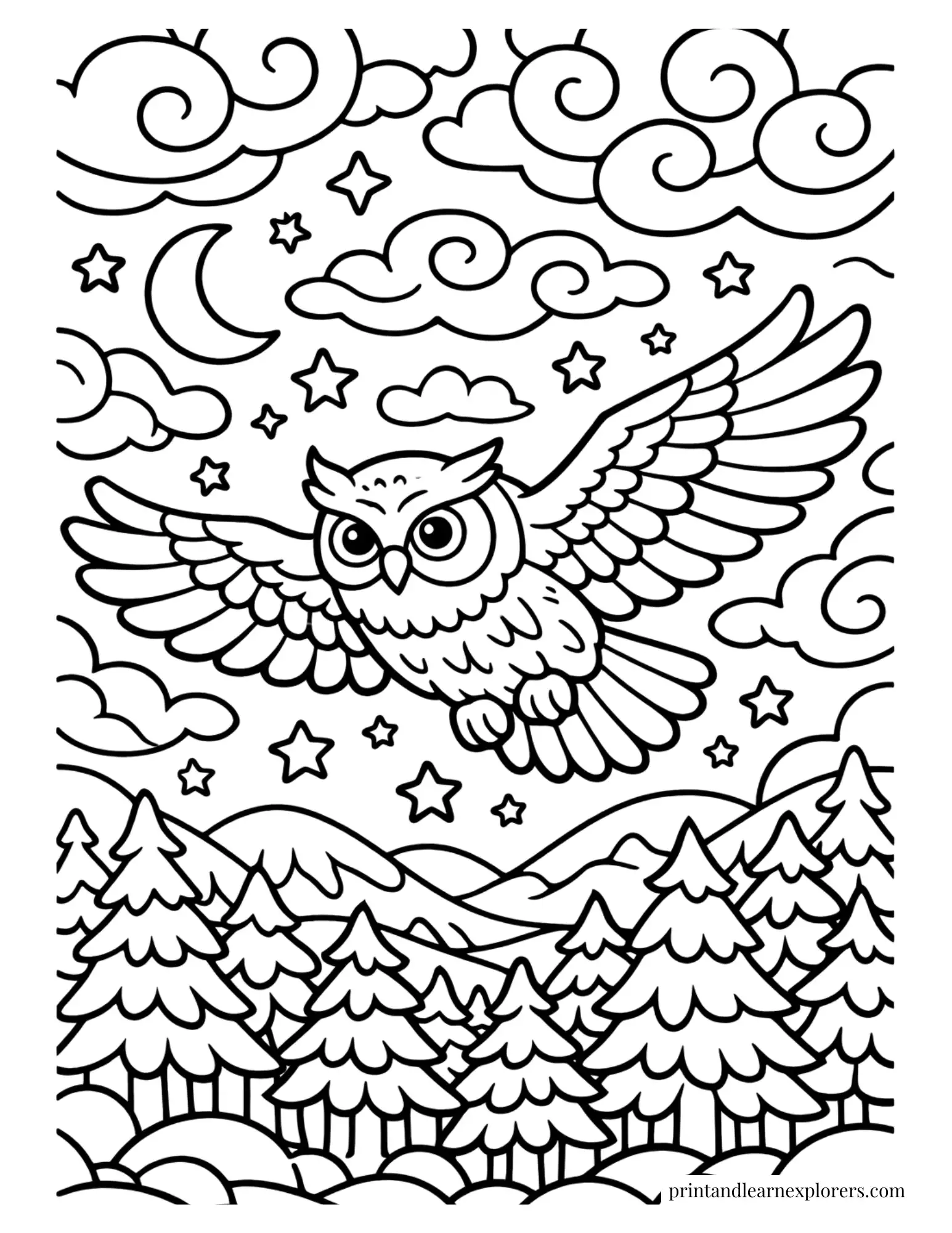 owl flying over tree tops night coloring page