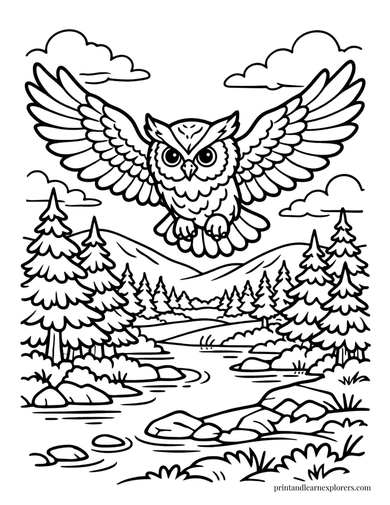 owl flying over woods coloring page