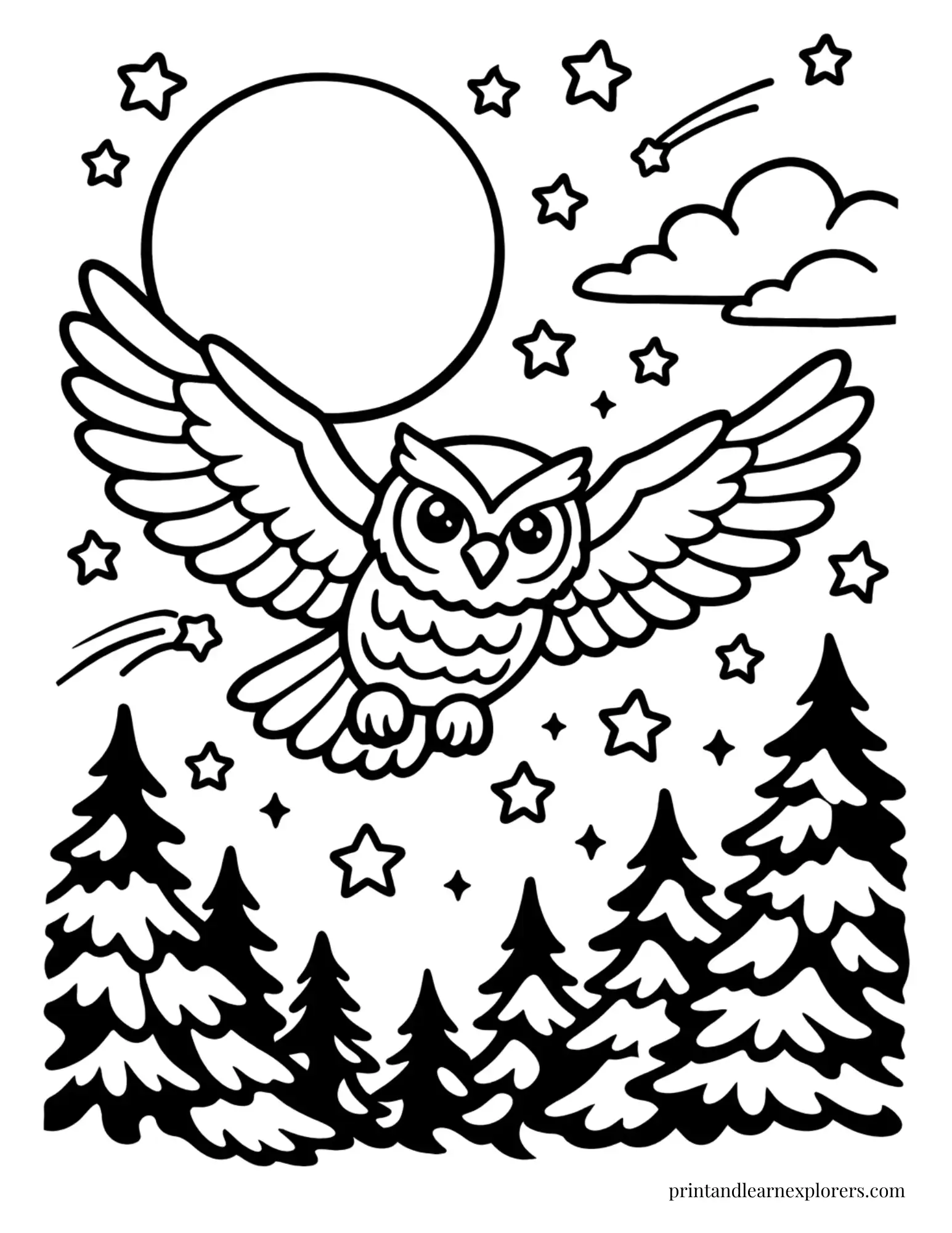 owl flying through night sky coloring page