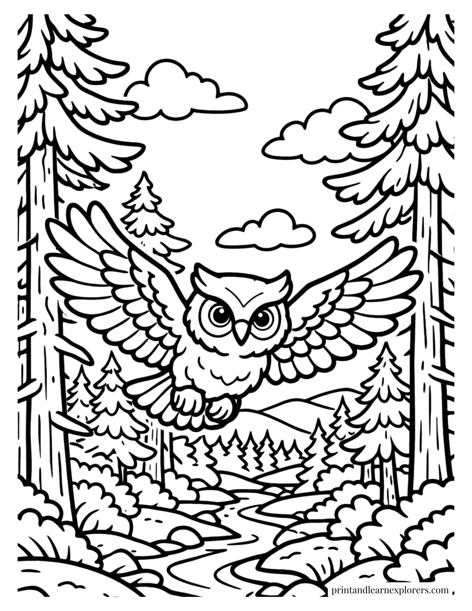 owl flying through woods coloring page