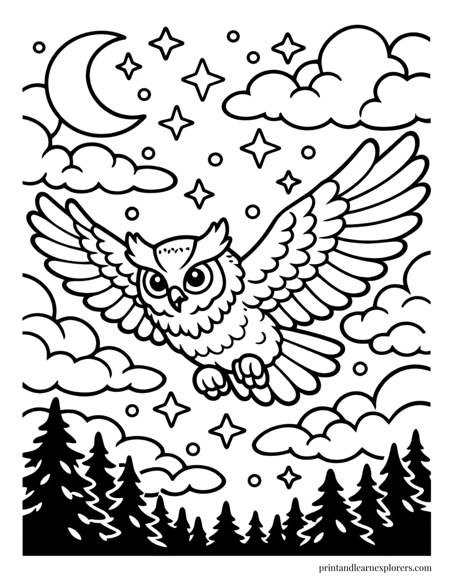 owls flying at night coloring page